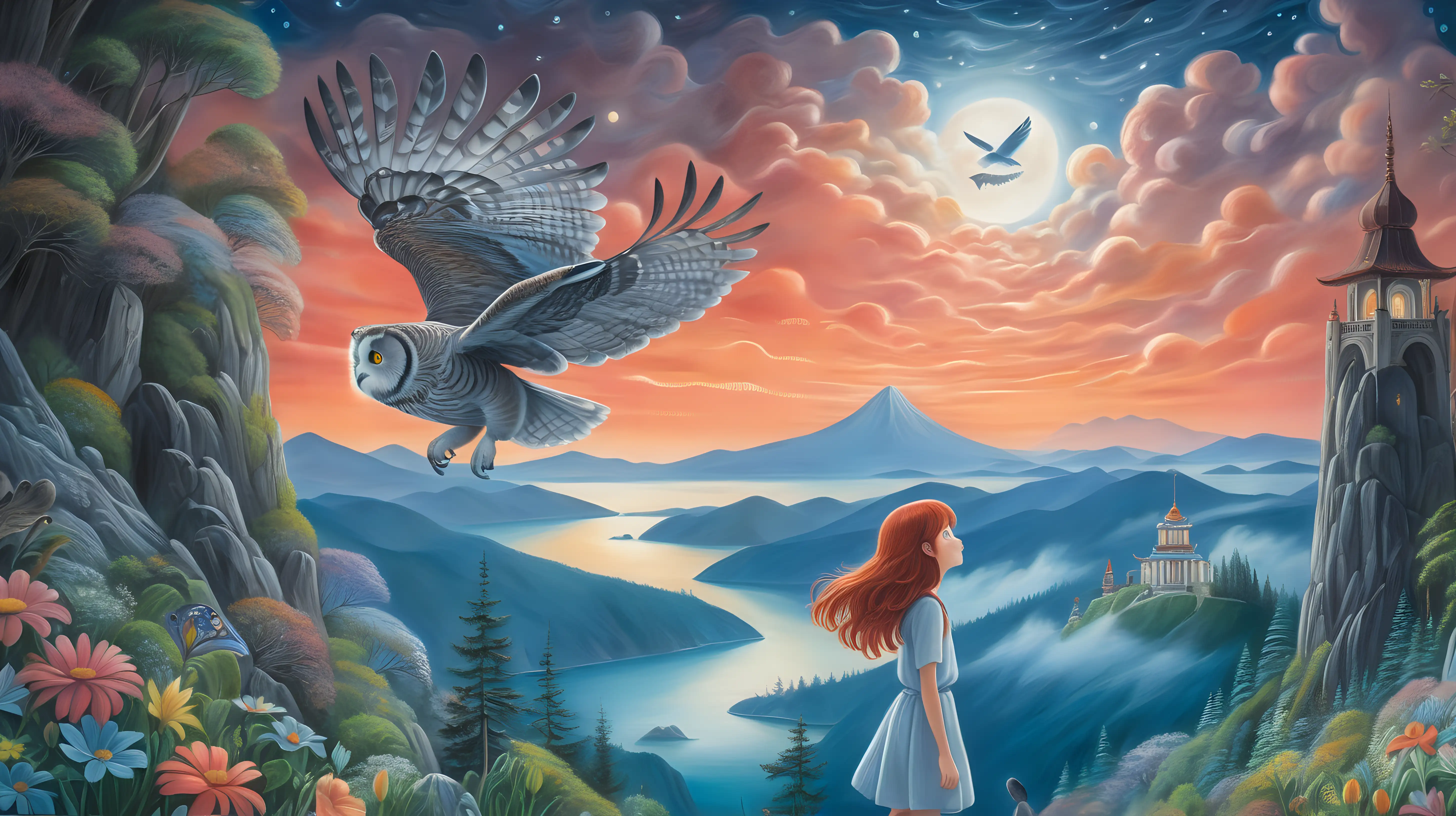 Enchanting CoralHaired Girl Playing with Owl in Ghibli Inspired Forest