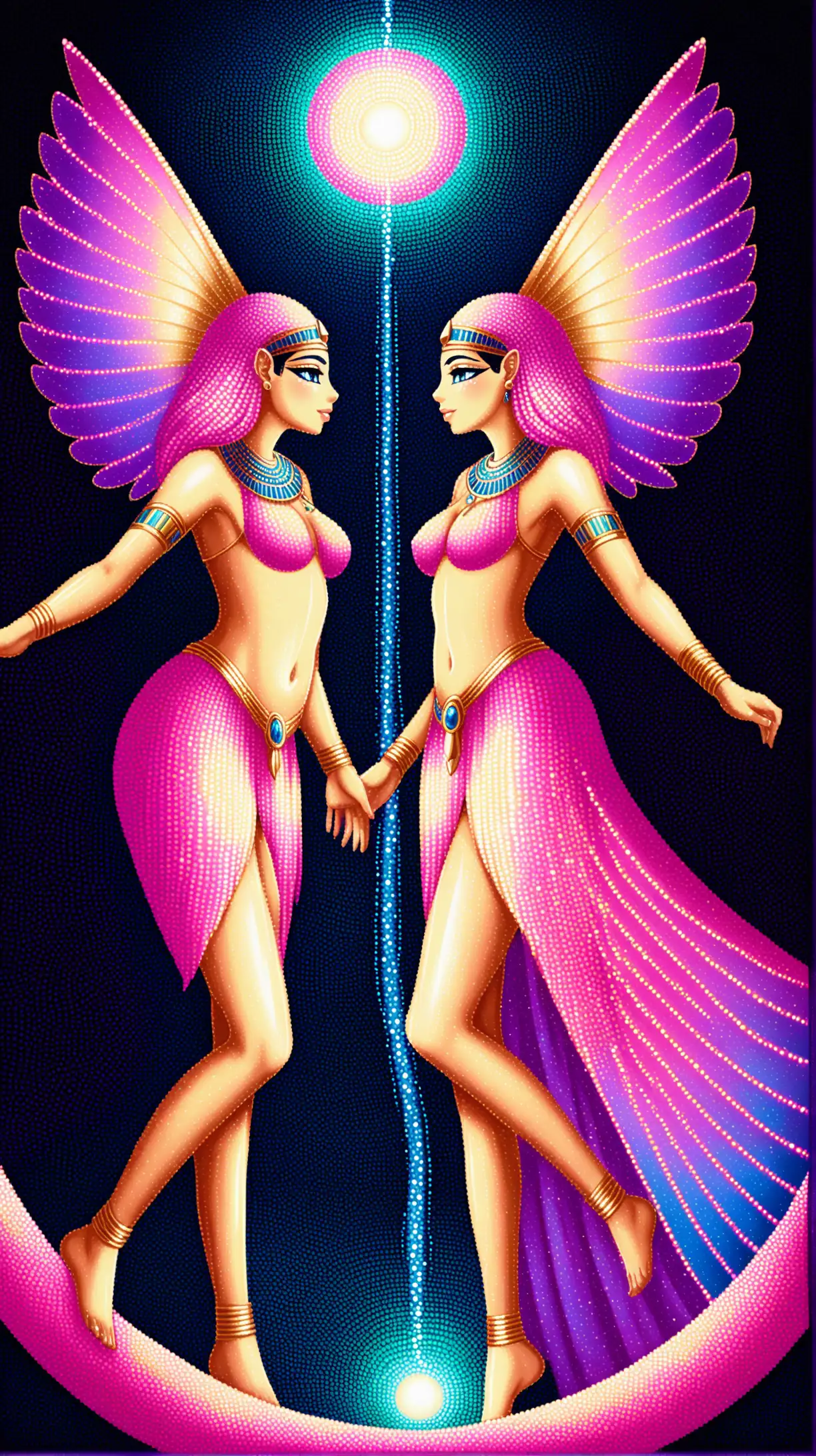 Egyptian nymphs, magical atmosphere, pointillism, pink and blue, black background, shiny, opposite, helix, youthful, dreams