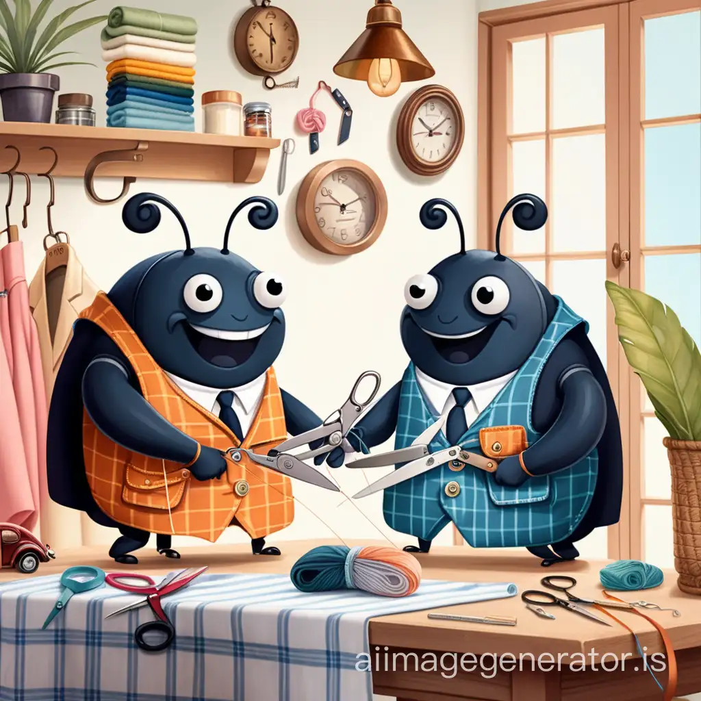 two beetles who are tailors holding scissors in hand are happily sewing clothes  at home