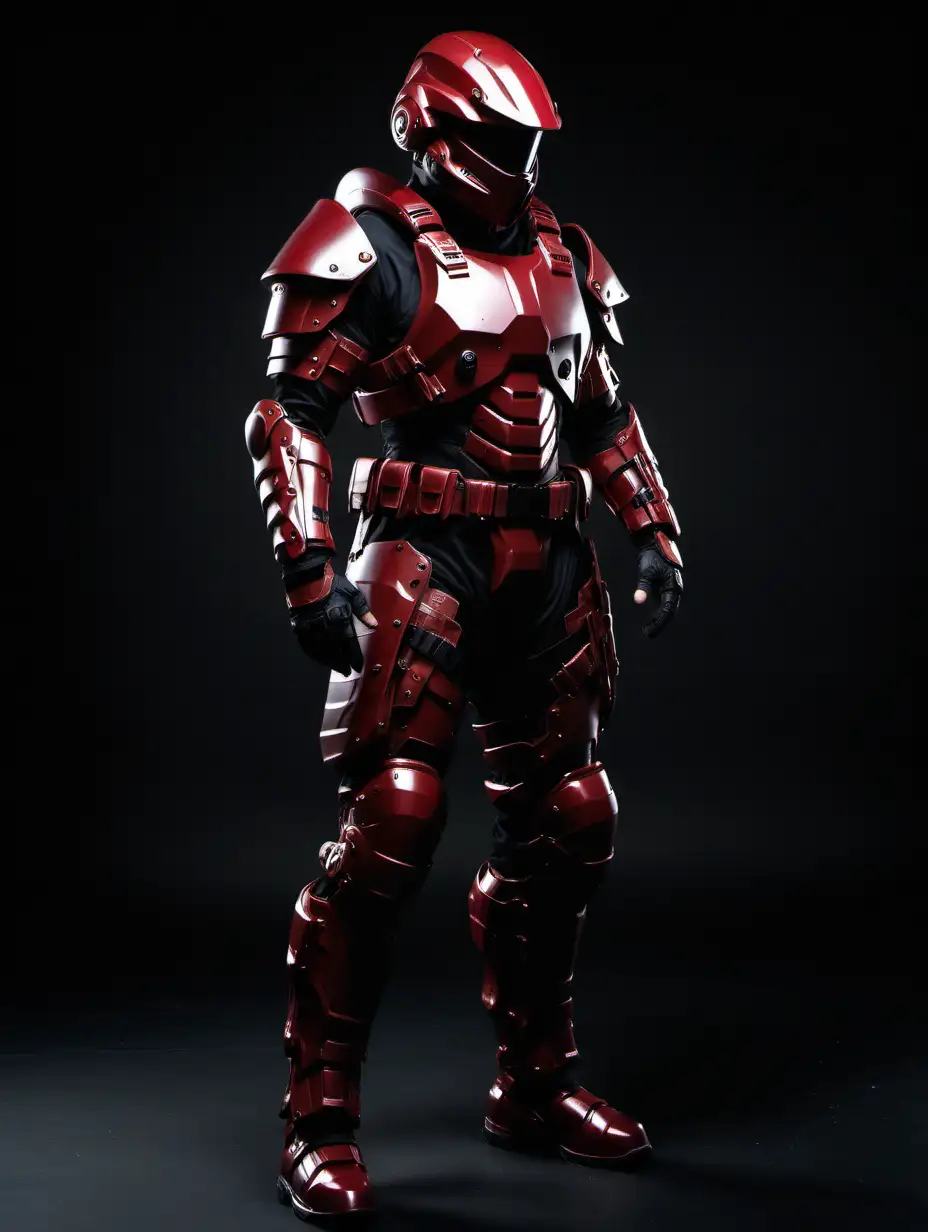 Full body image of a person wearing dark red tactical armor. No weapon in hands. Dark background in image.