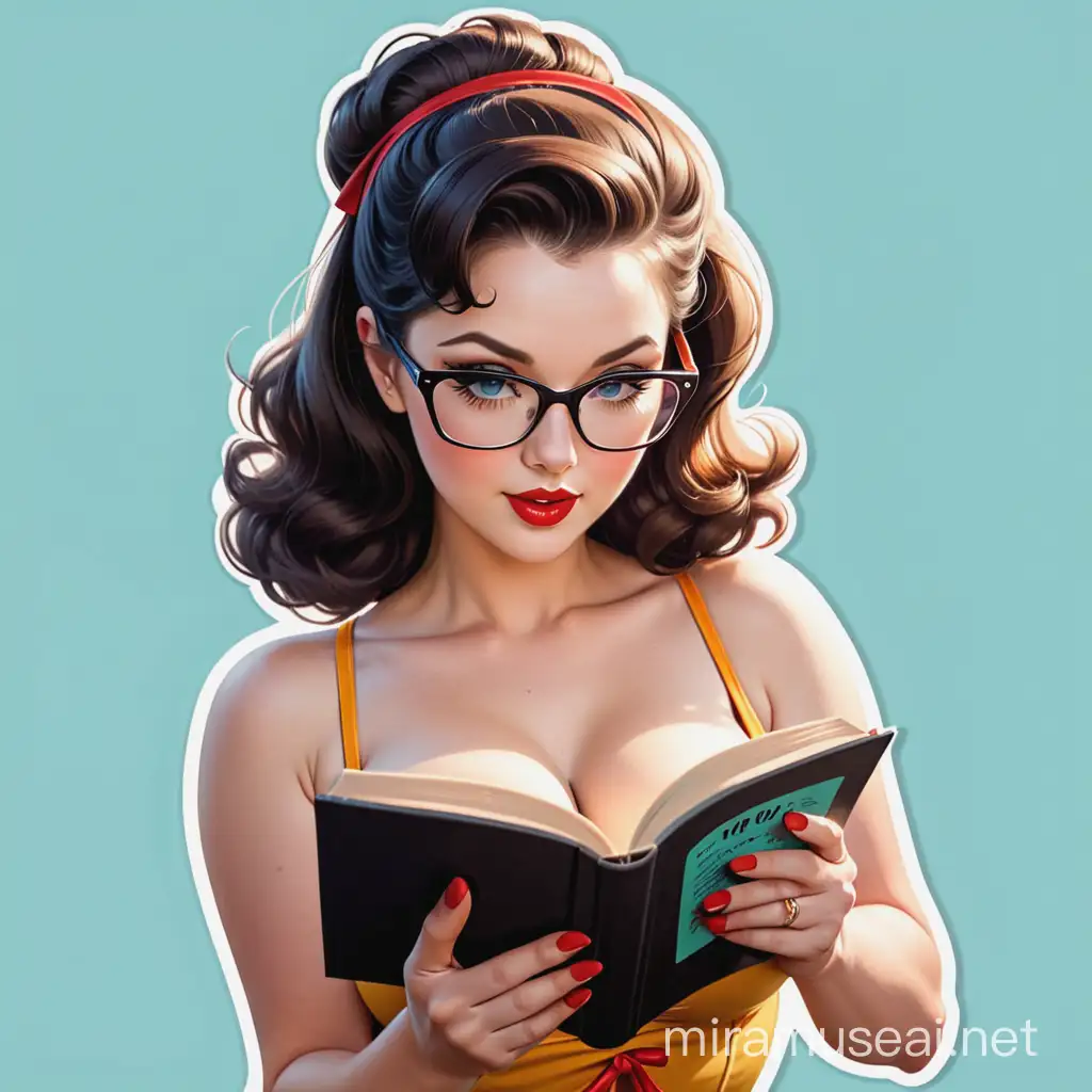 Vintage Pinup Woman Reading with Glasses and Sticker