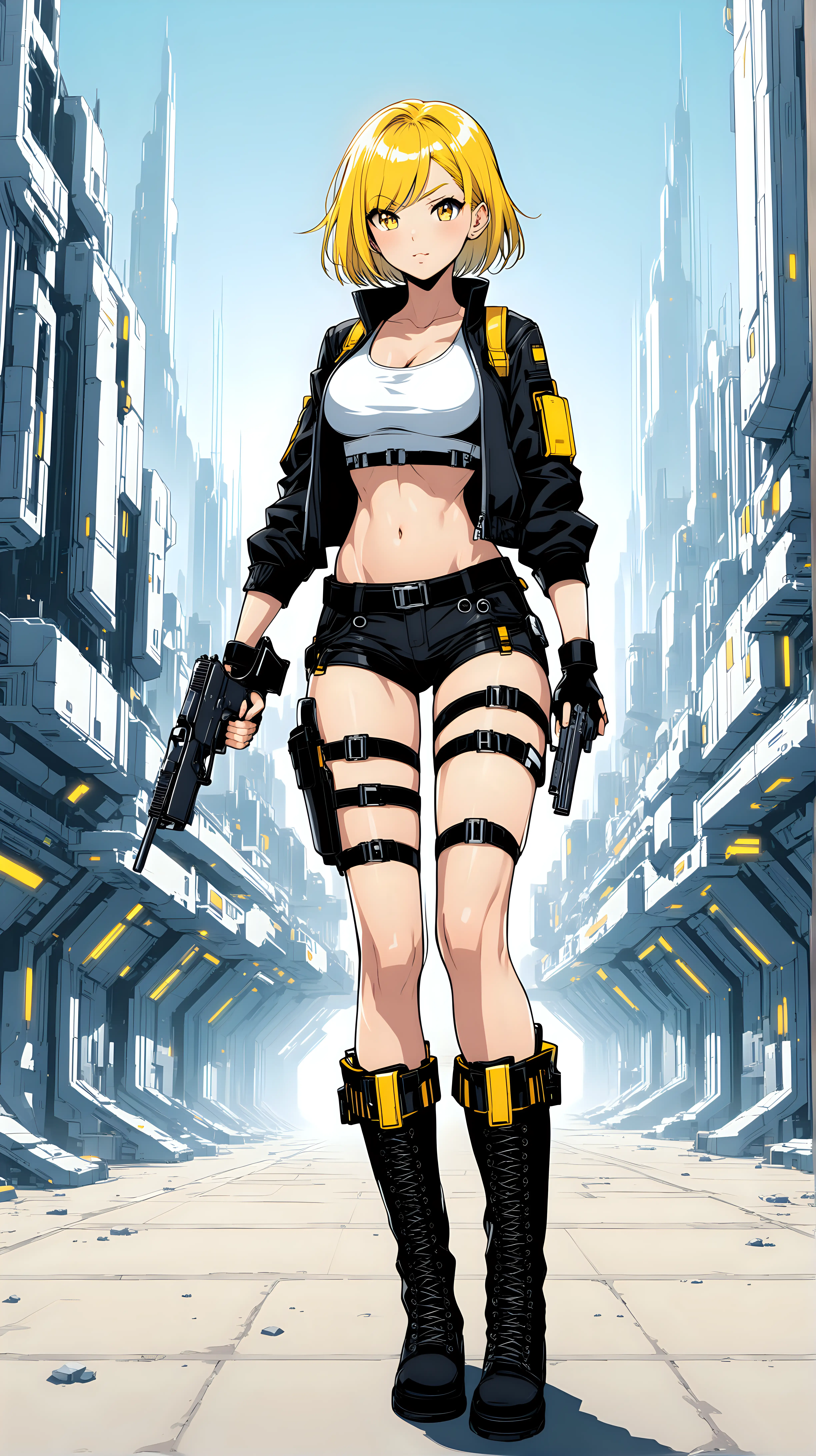 sexy fit 24 year old hero girl, short chin length yellow hair, posing with handguns in futuristic town, toned body, wearing black members only jacket, short white tank top, sexy midriff, wearing suspenders, holsters on each thigh, combat boots, yellow black white 3 color minimal design