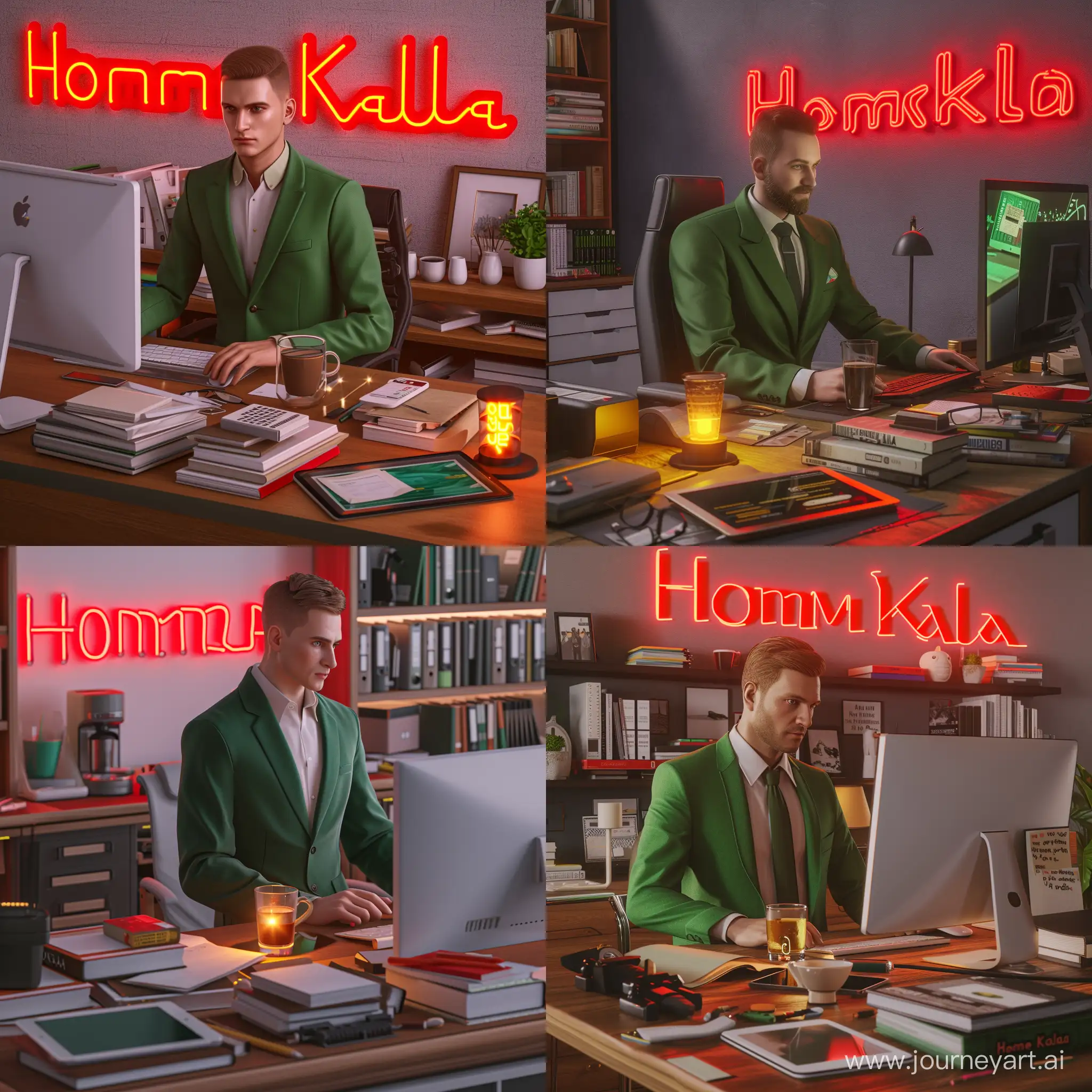 Hyper realistic 3d HD image of a workspace, there is a handsome man in a green suit working in front of a computer screen, there is a glass of coffee, there are office equipment on the work desk, there is a lit tablet next to a pile of books, the words "HomeKala" on the wall with red neon effect