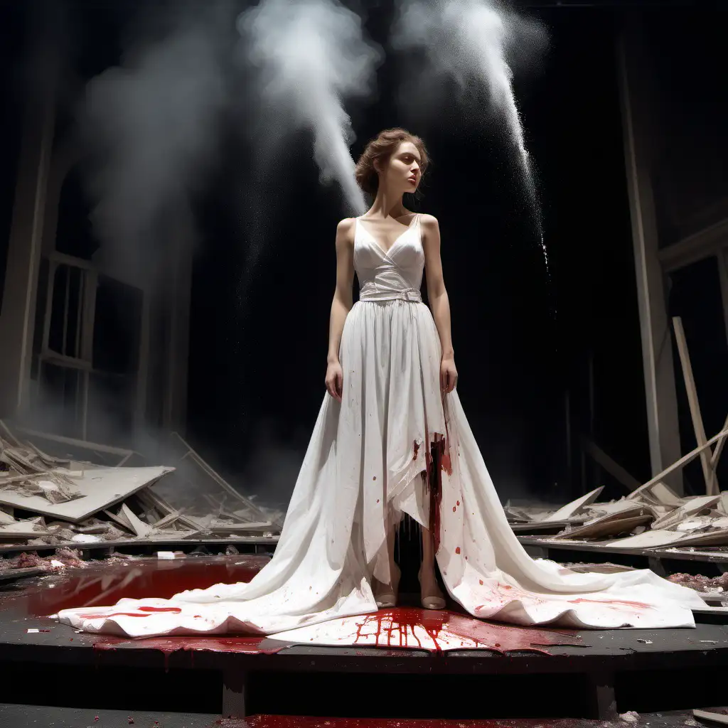 Φτιάξε έναν πίνακα ζωγραφικής με μια ηθοποιό στη σκηνή ενός βομβαρδισμένου θεάτρου που φοράει ένα λευκό φόρεμα τύπου Άννα Καρένινα με σταγόνες αίματος 