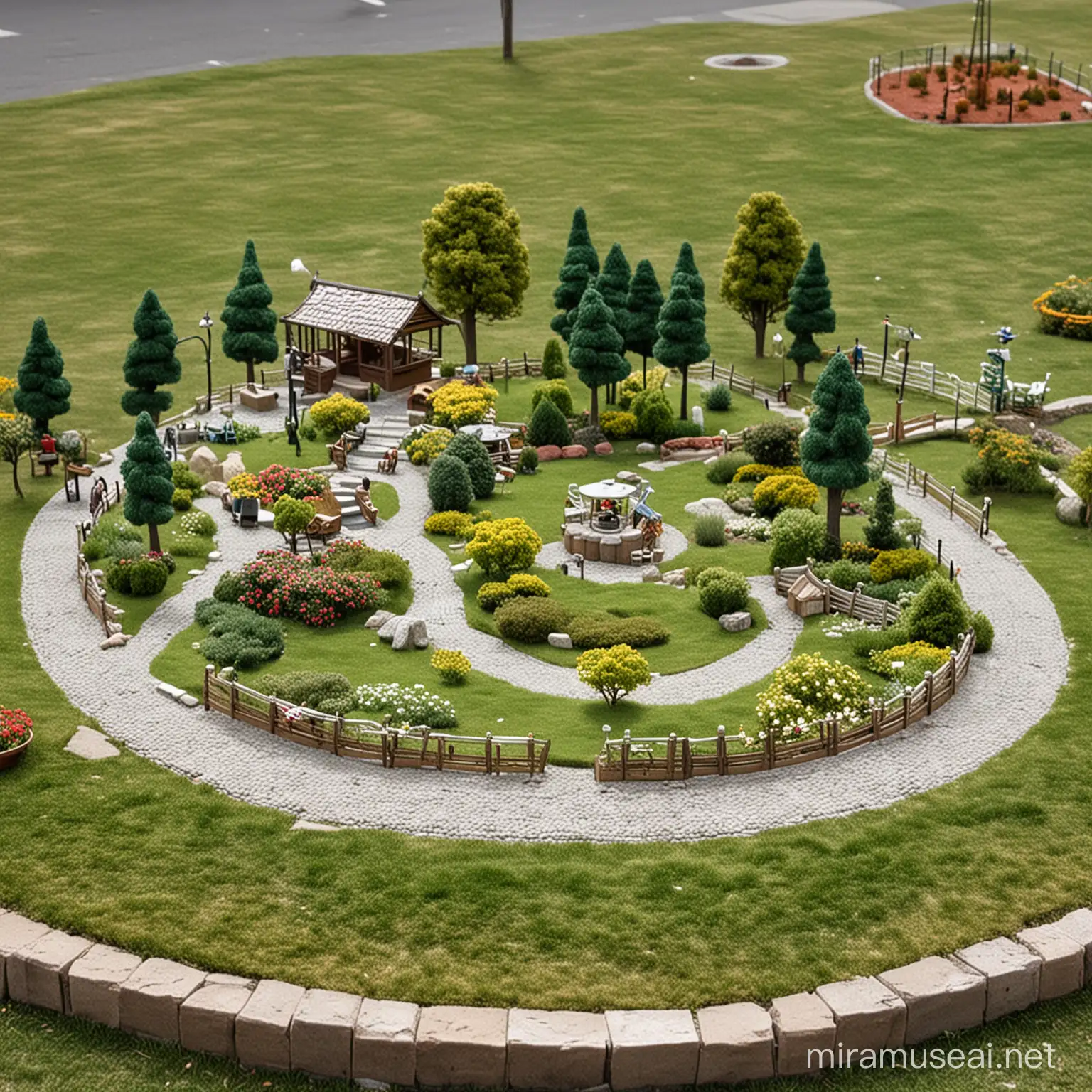 Enchanting Miniature Park with Intricate Landscapes and Tiny Structures