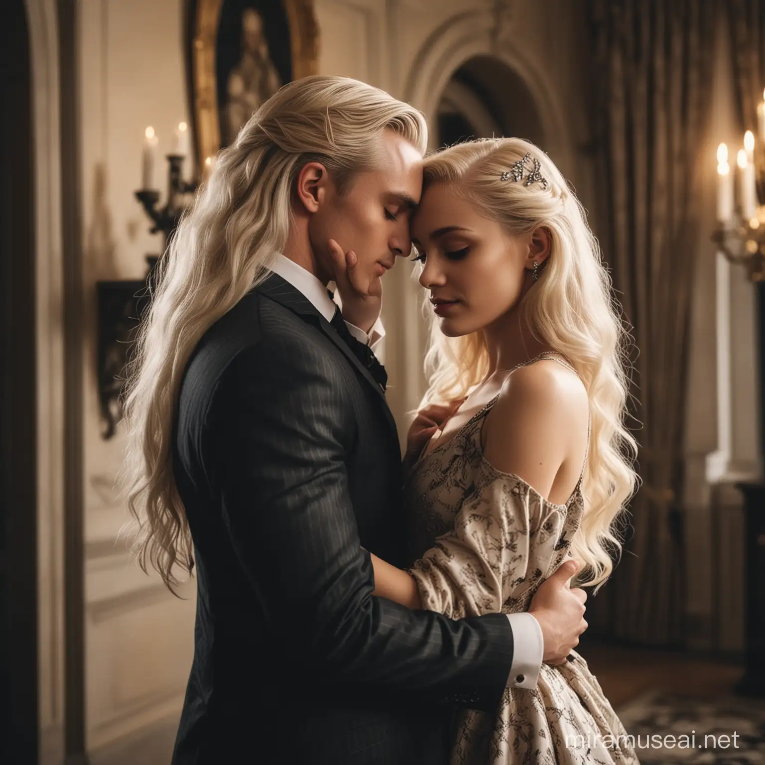 a beautiful young girl with long blonde hair in a beautiful dress is hugging a handsome guy with dark curly hair in a business suit in an expensive house at Malfoy Manor, Draco Malfoy is standing next to a dark-haired girl