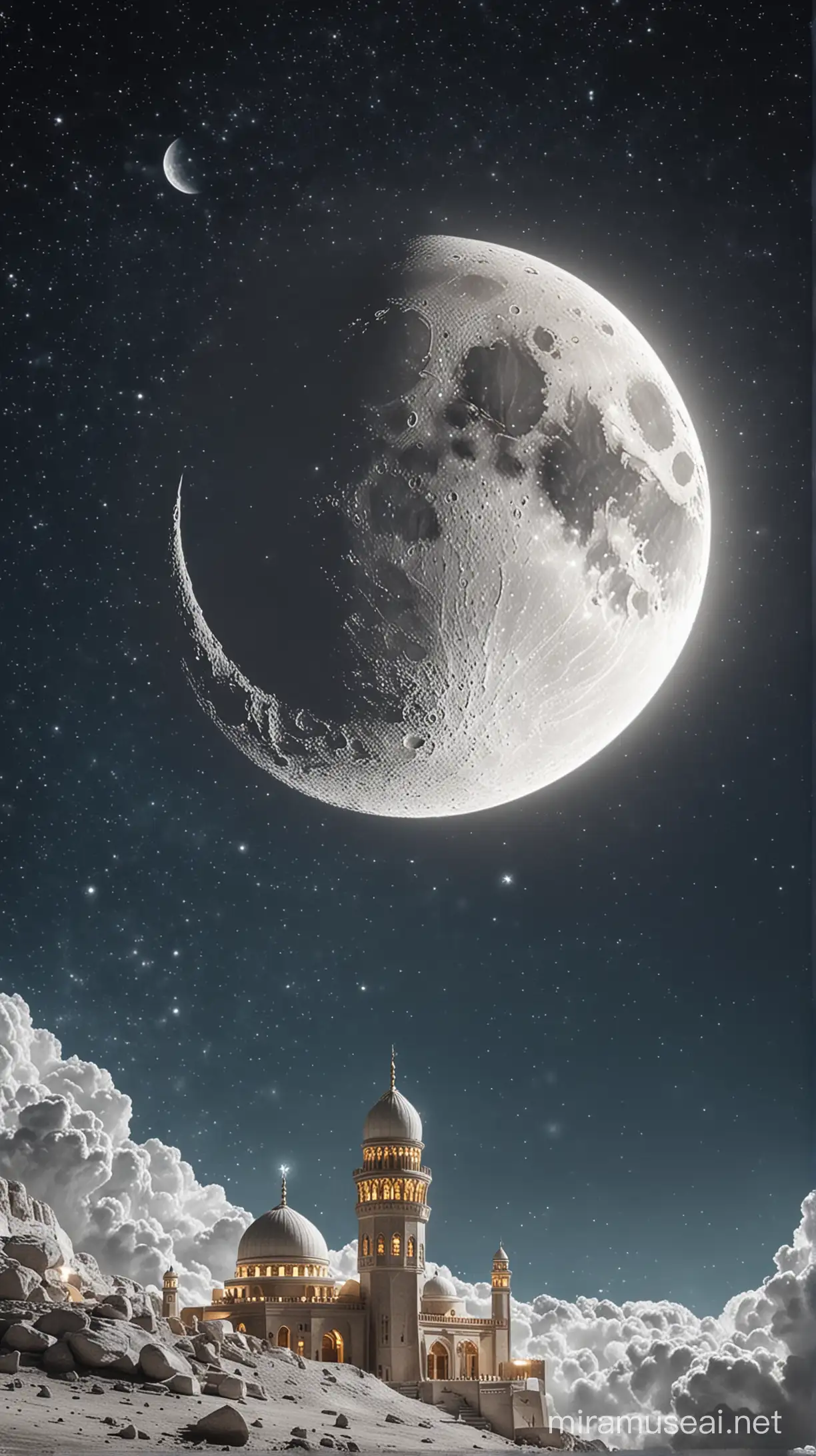 generate an image  for the wished poster of the customized gift shop, a gift customized on the moon it Ramadan Mubarak, the image contains the moon and the moon carries the product of the shop