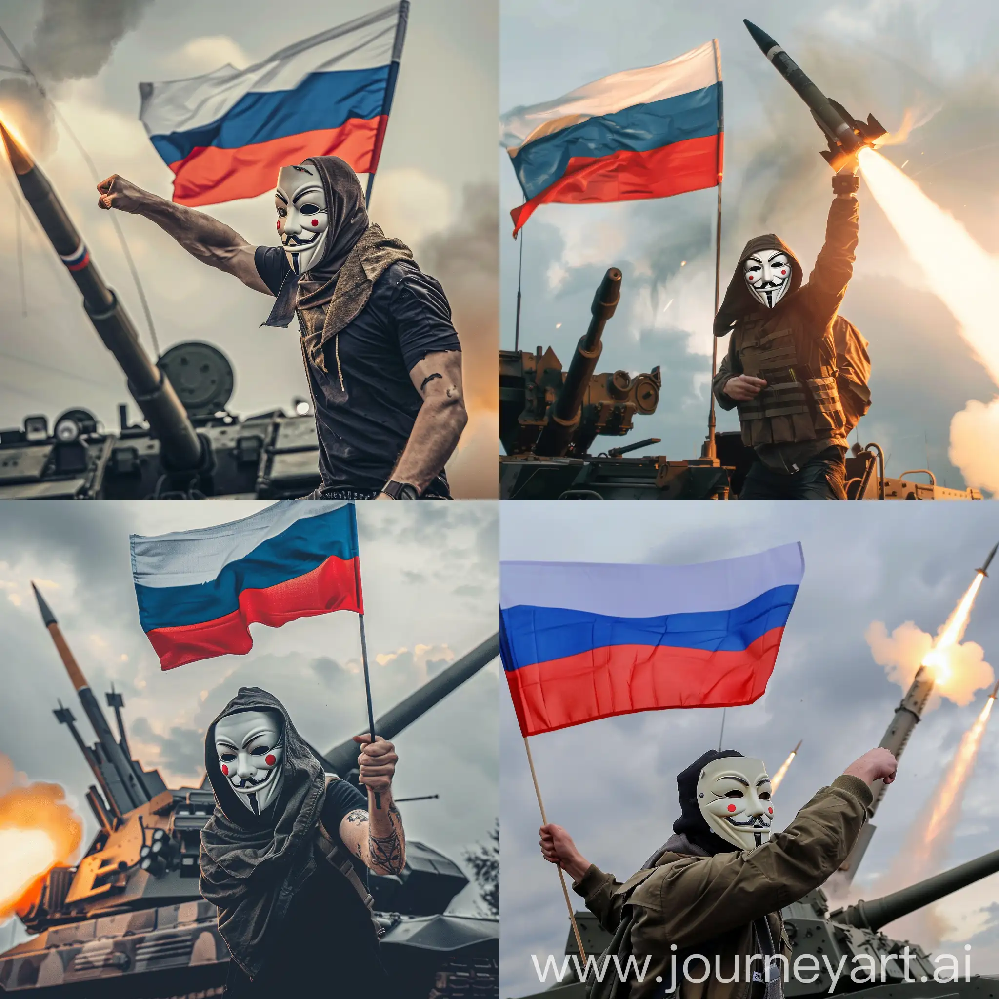 A man in an Anonymous mask with a Russian flag in his hands, launches missiles from the Grad MLRS against the background
