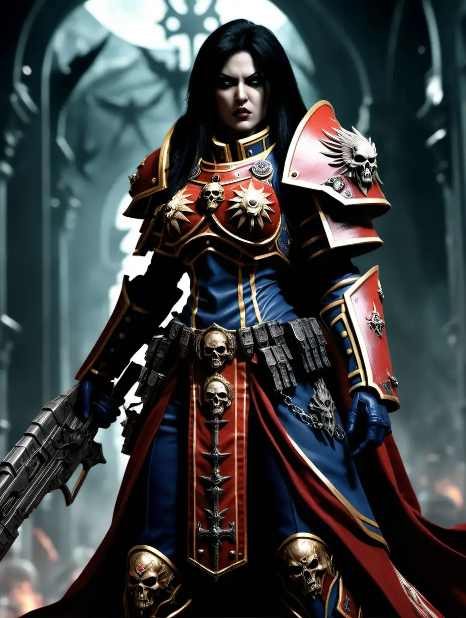 (cinematic lighting), Canoness Selena Agna is a black hair warhammer 40000 character she is from the Order of the Sacred Rose was the commander of the Sisters of Battle present on the Kaurava system during the Kaurava conflict. Apart from fighting the xenos and heretics in the system, she also fought against the Blood Ravens and the 252nd Conservator Regiment, deeming the former a threat for not ceding authority to her forces, and the latter as corrupted, responsible in some way for the Warp Storm, Warhammer world at the background, intricate details, detailed face, detailed eyes, hyper realistic photography,