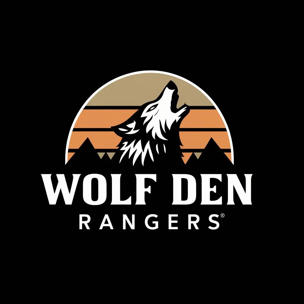 logo, Howling wolf, with the text "Wolf Den Rangers", typography