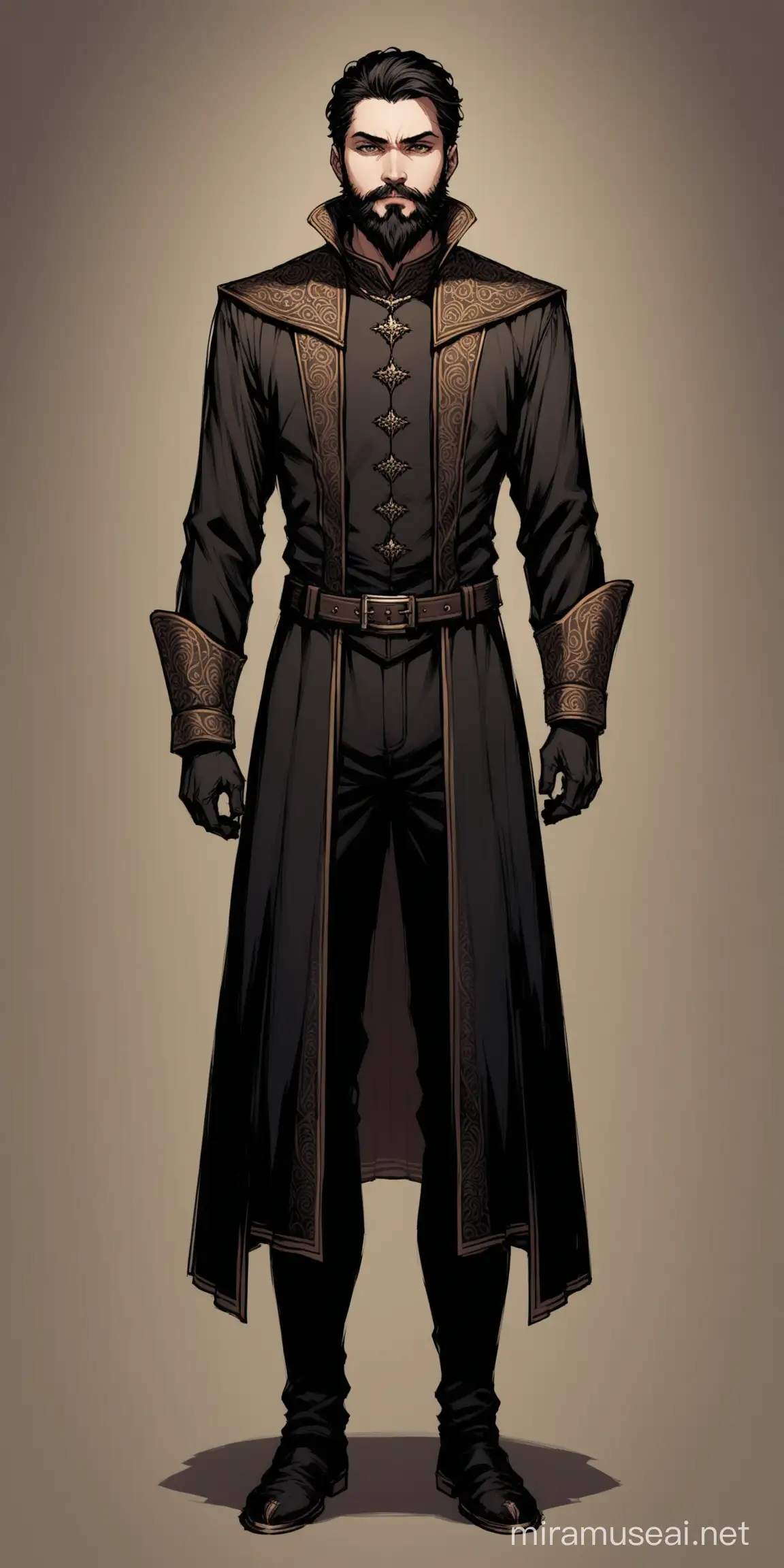 Full body shot. A sinister noble with short dark hair and short neatly trimmed beard. Is about 28 years old. 