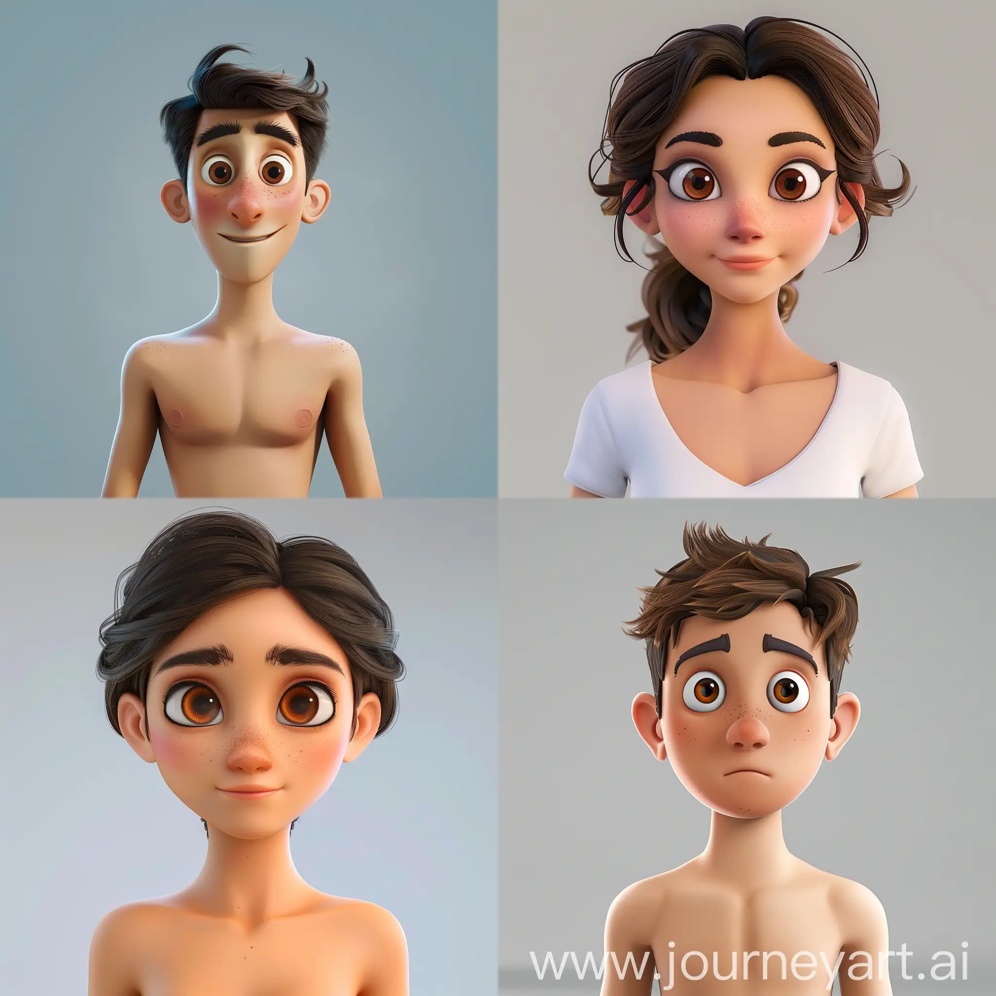 3D adult cartoon character, upper body, brown eyes, Pixar, plain background