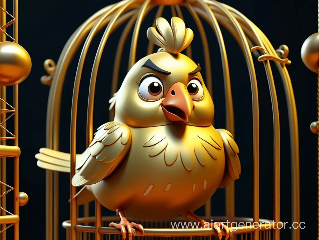 cartoon style, 8k, one golden bird was kept in a golden cage