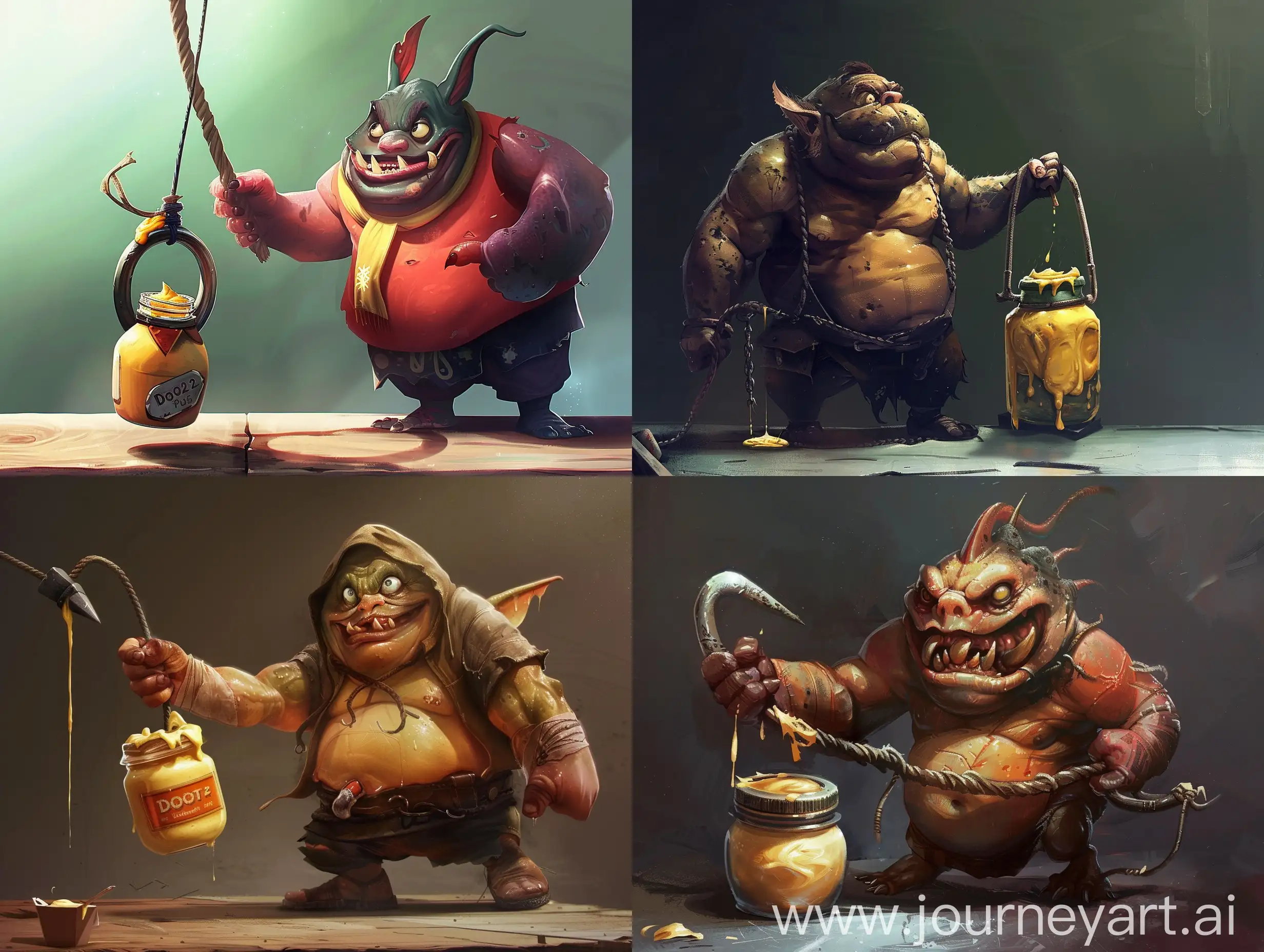 Pudge from dota 2 tries to pull a jar of mayonaisse with a huge hook. Photorealistic, dota 2 style, full hd
