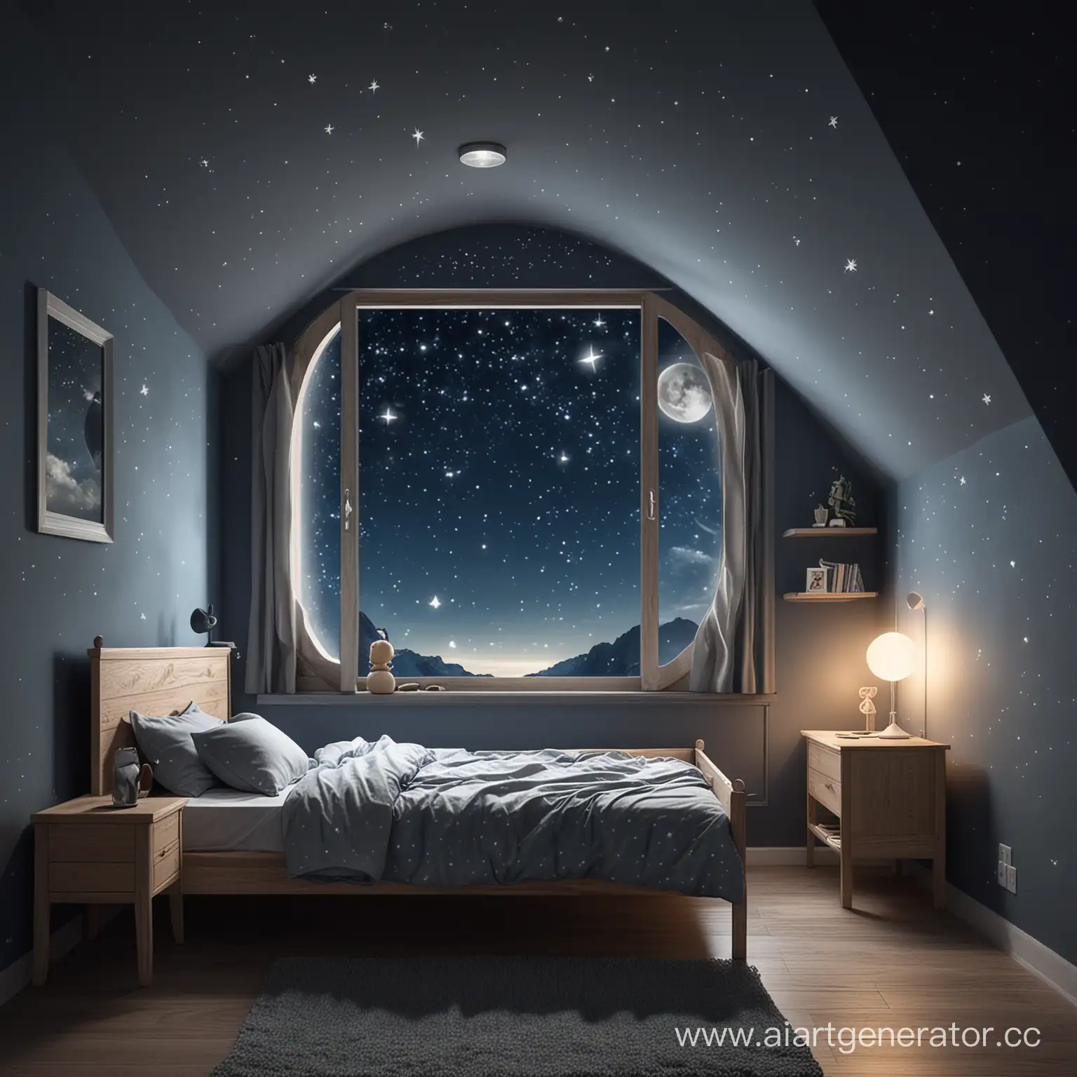 Boy-Gazing-at-Starry-Night-Sky-from-Bedroom-Window