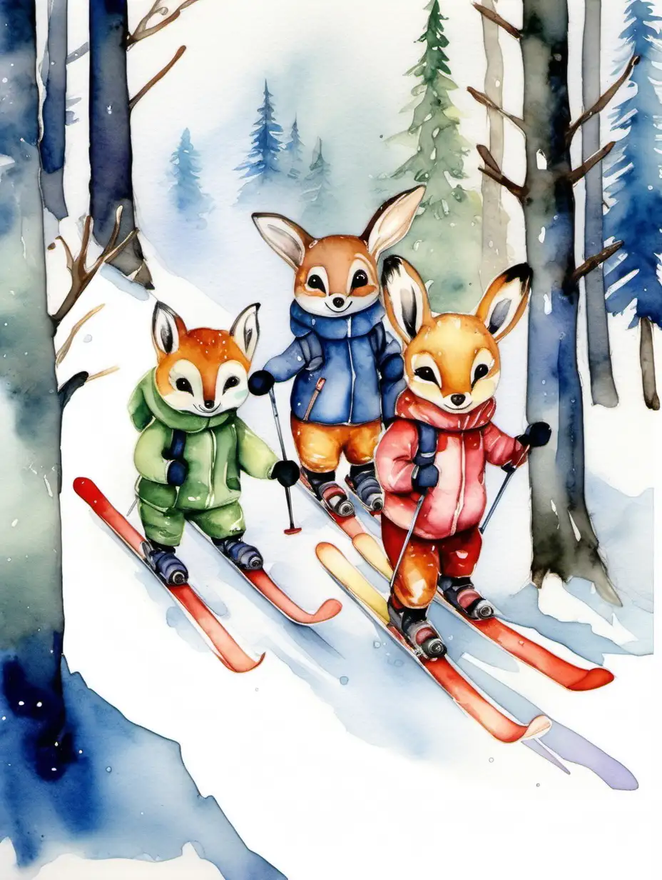 Charming Watercolor Illustration of Adorable Forest Friends Enjoying a Ski Adventure
