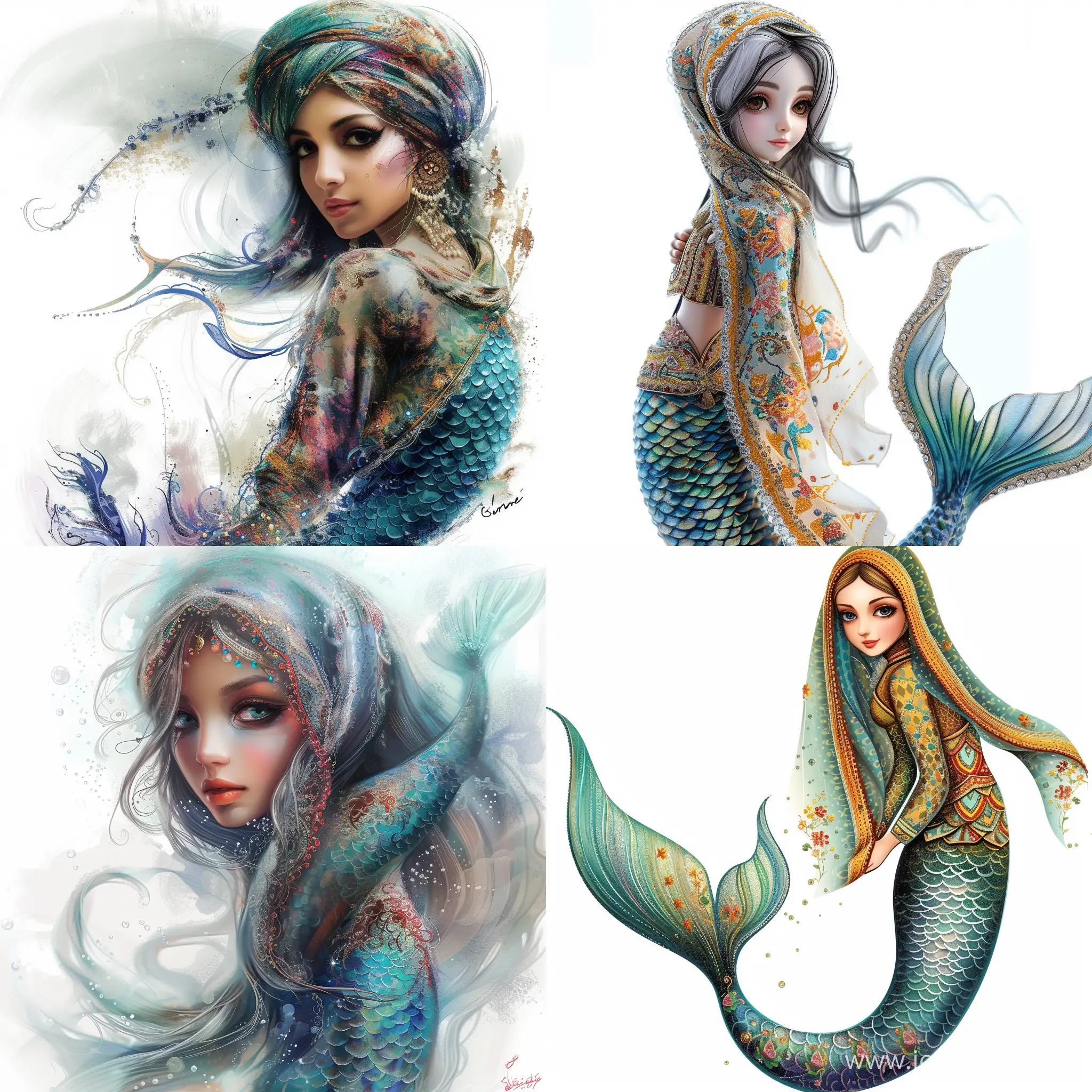 A mermaid girl with Iranian clothes and a beautiful and unique face with a white background
