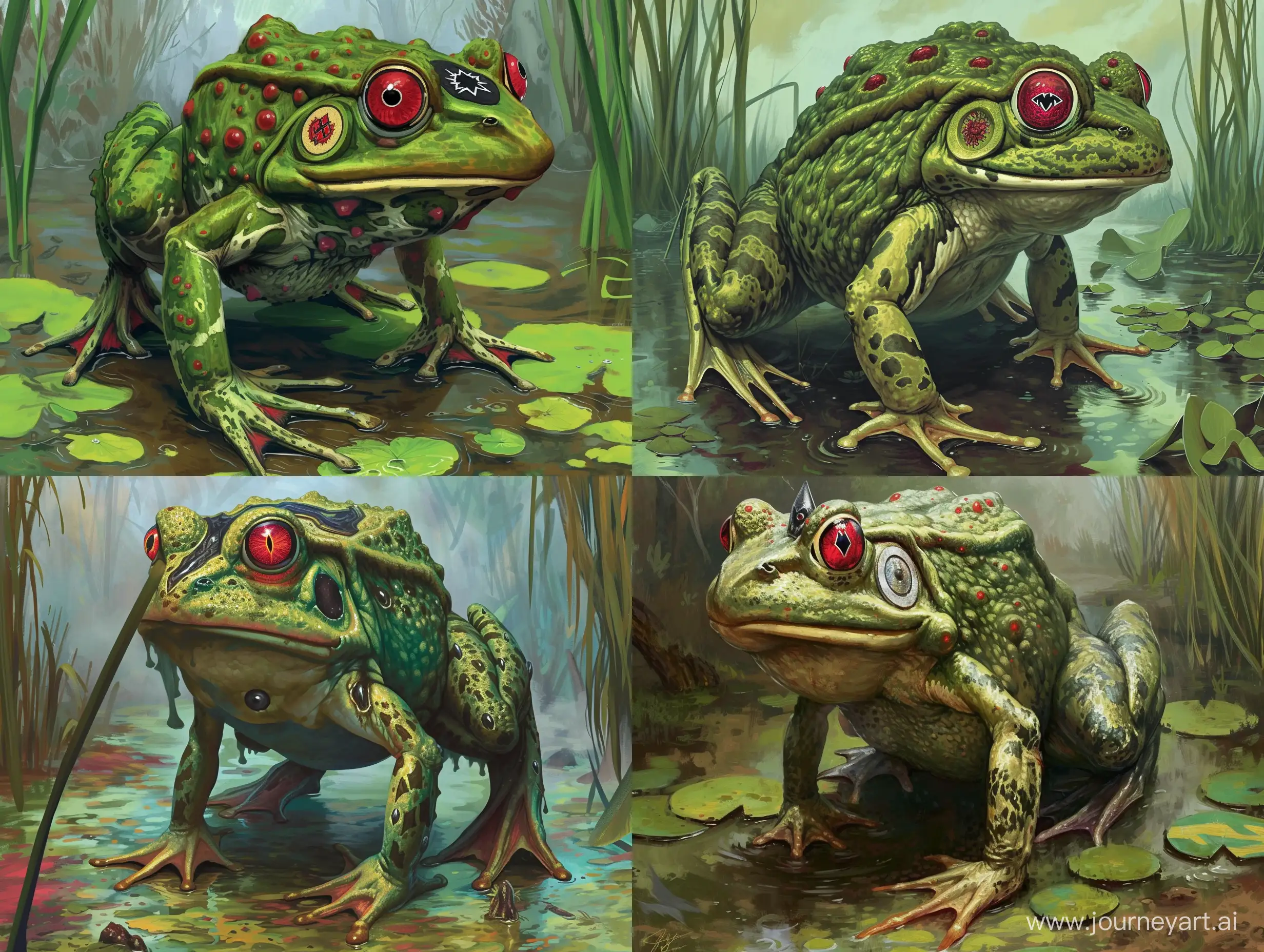 A giant evil warty green frog with red eyes and the eye of sauron on its forehead standing in a creepy scary swamp in the art style of a yugioh card