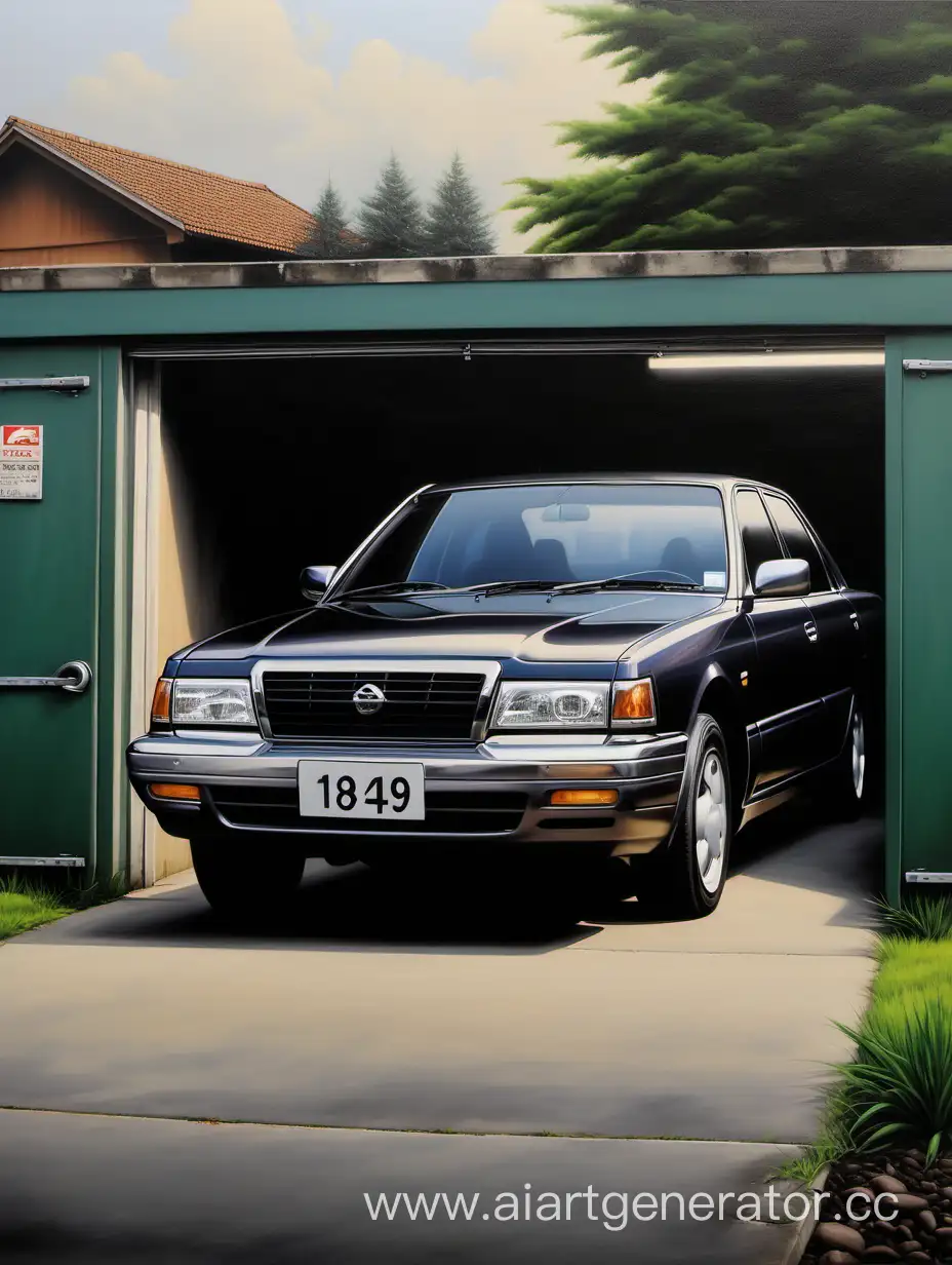 Nissan Cedric 1995, garage, landscape 21*9, oil paint, realism, fantasy