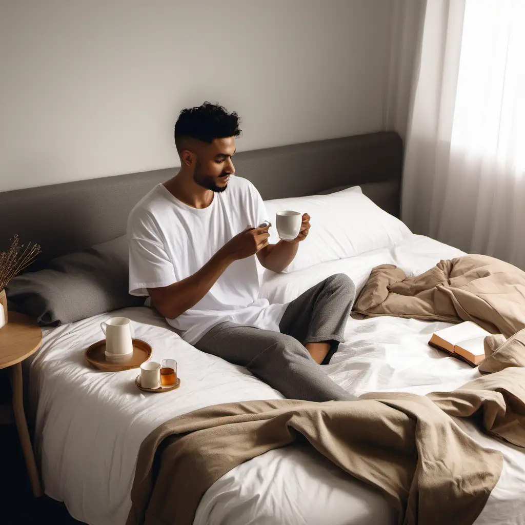 a men wearing oversize tee on bed drinking tea on 1 hand and reading book on 1 hand 