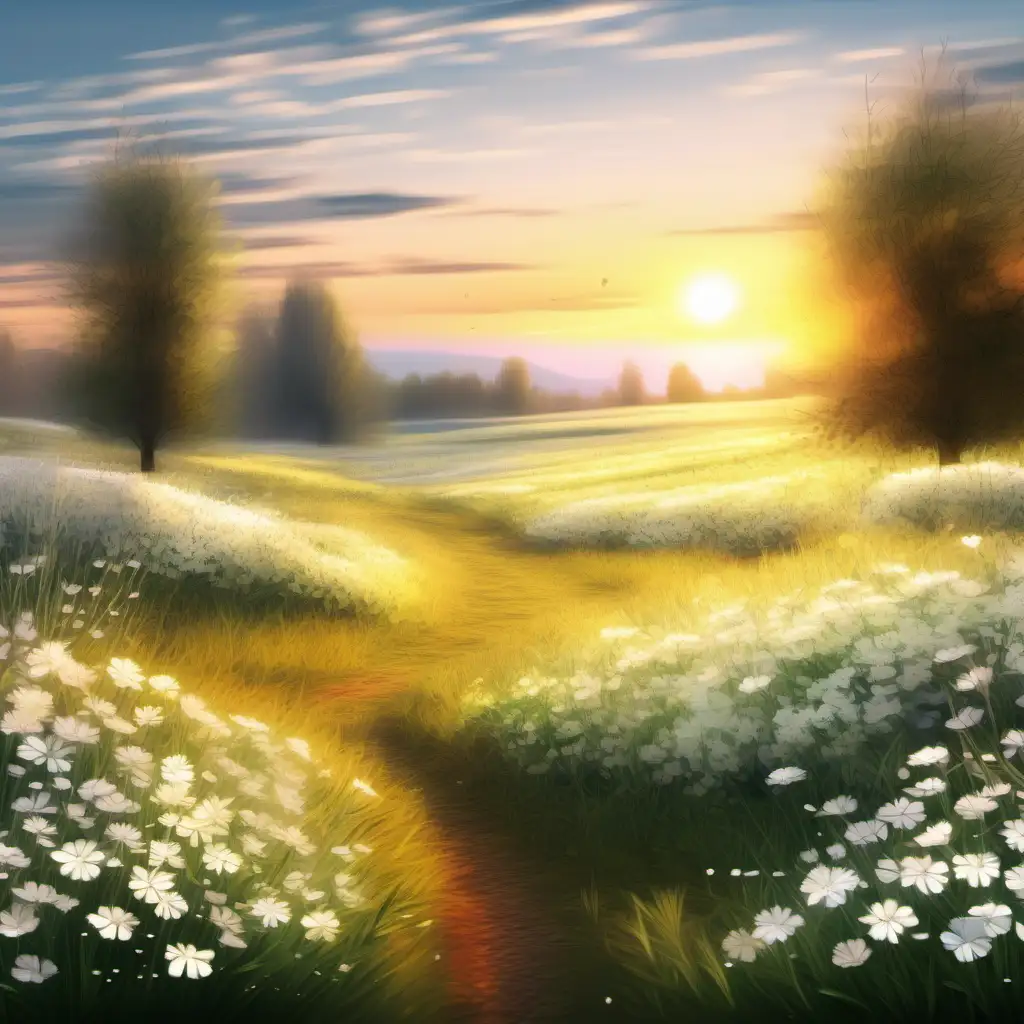 Tranquil Sunrise Meadow with White Flowers HyperResolution Oil Painting Masterpiece