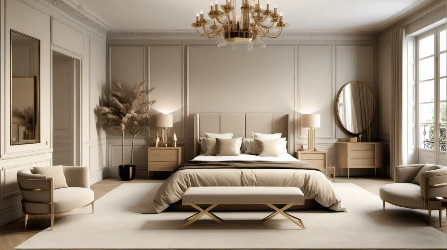 a hyperrealistic image of a modern Parisian 7 bedroom home; beige, oak, brass colour palette