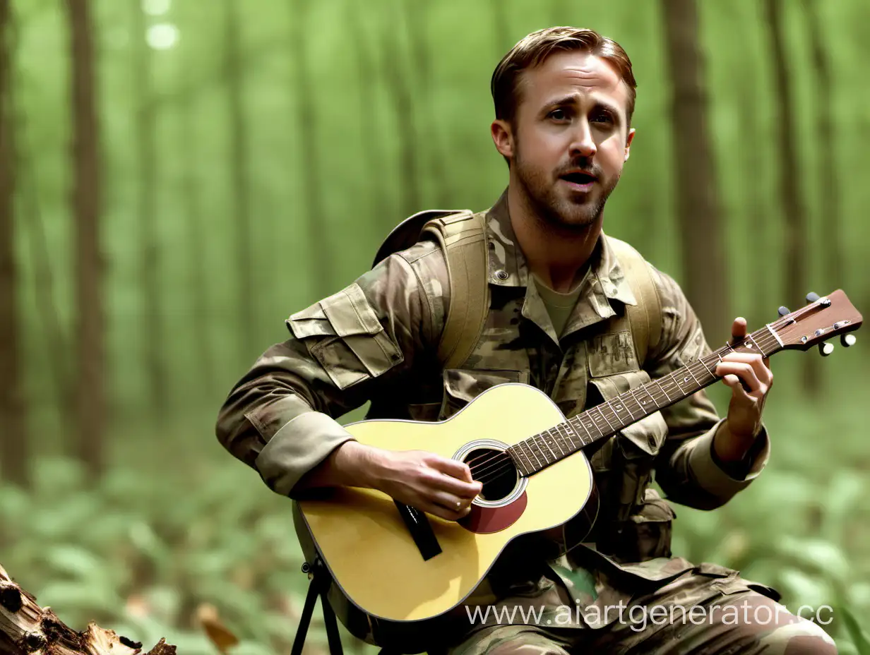 ryan gosling, military plate carrier, woodland camouflage uniform, playing wooden guitar, singing