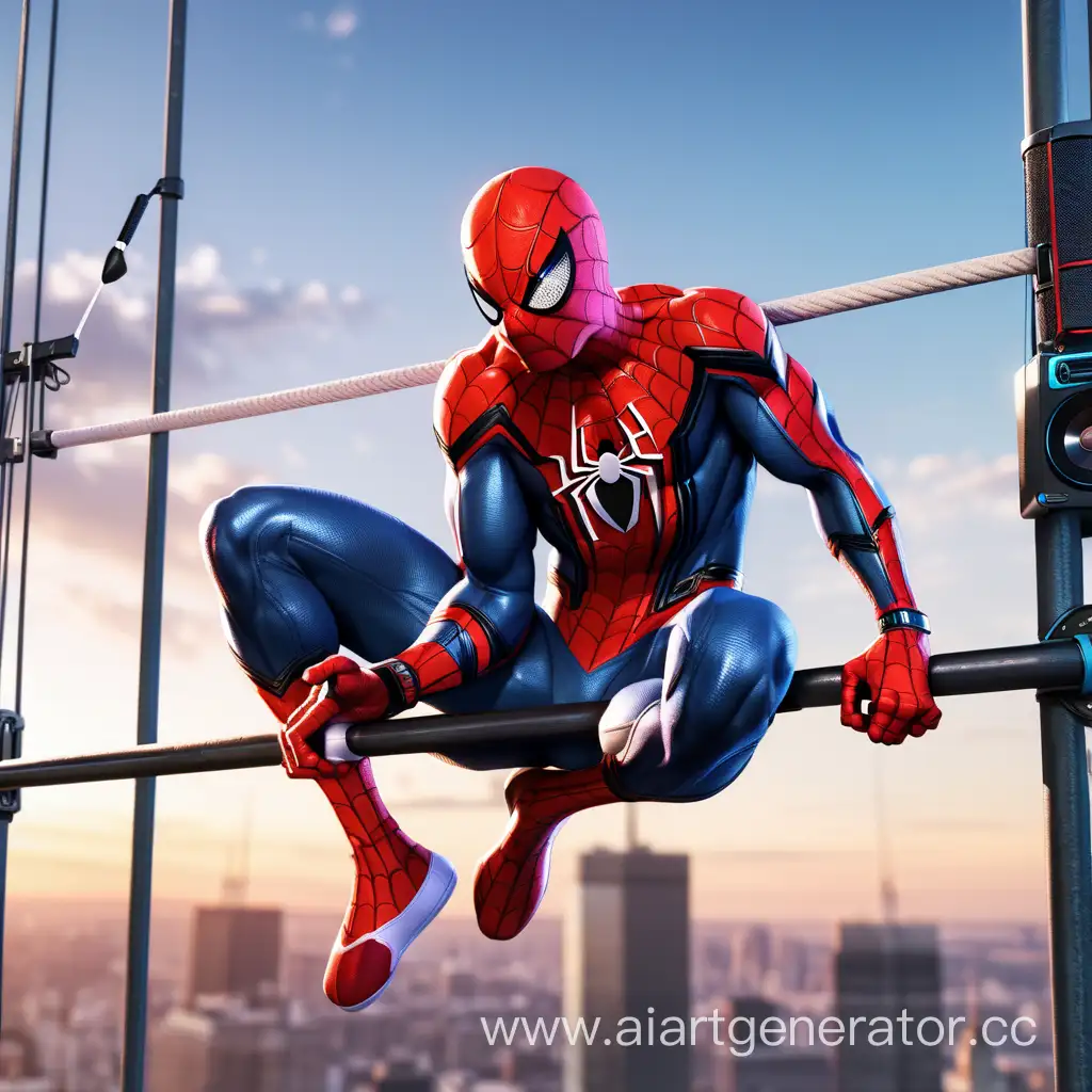 SpiderMan-Relaxing-with-Music-on-a-Horizontal-Bar