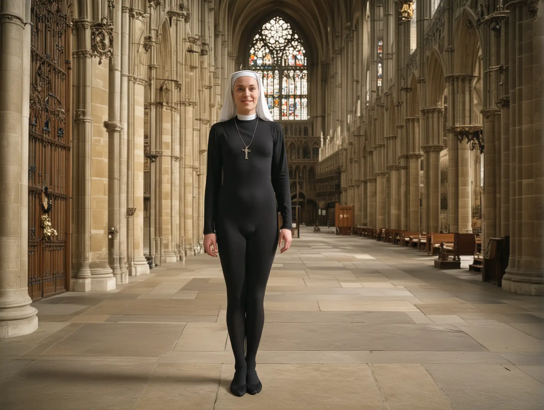 35 year old nun, wearing long sleeved leotard, standing in Westminster Abbey, full body view, full colour