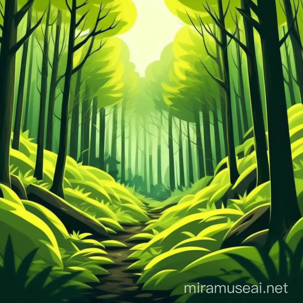 Necrsito ina ilustracion de un fondo con un bosque en primwr plano, donde hallan colores verdes y amarillos. Debe serrvirme para un cuento de ilustraciones
