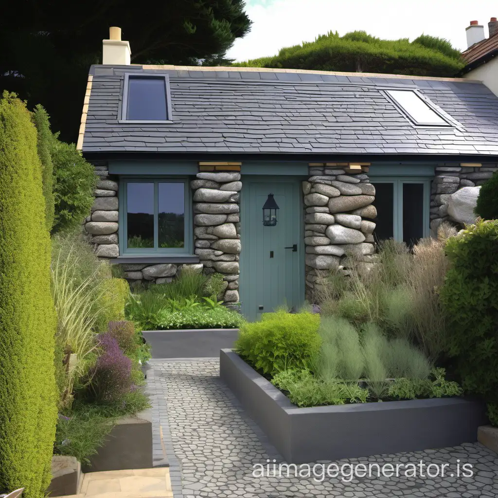 Small stone terraced herb garden by small stone sea cottage with terra cottage roof tiles and a basalt driveway