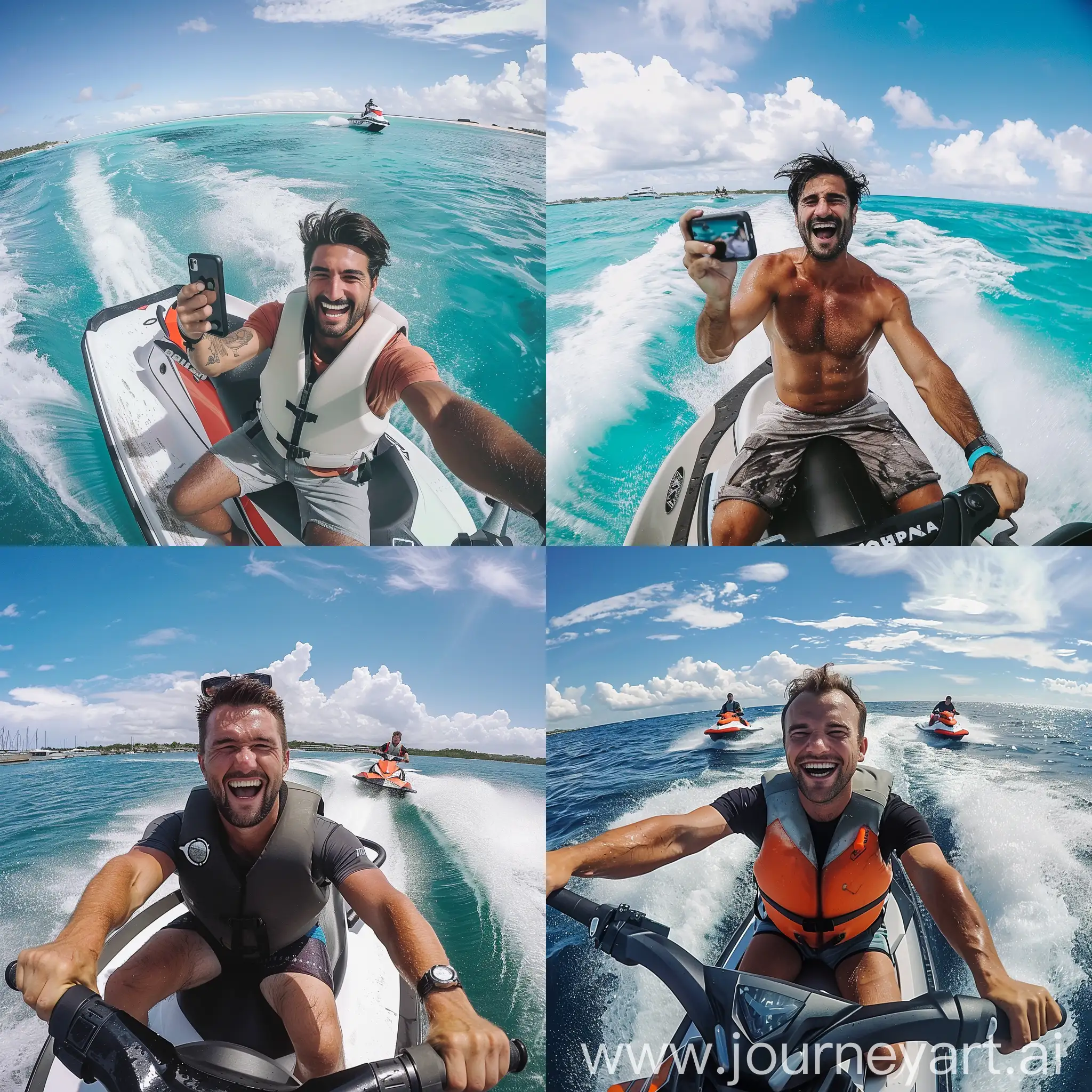 Un homme hilare sur un jet-ski qui se prend en photo en selfie