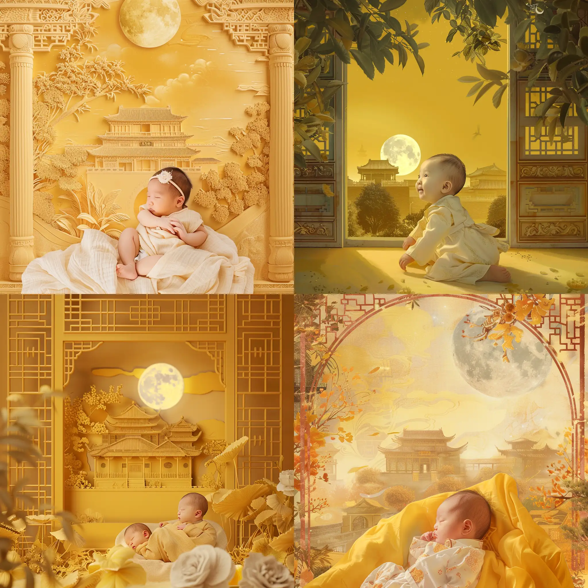 In the heart of Guangdong's Shunde, an infant is born within the venerable walls of an ancestral home. This moment, captured in a blend of styles, marries commercial shooting aesthetics with a tender yellow hue reminiscent of the Mid-Autumn Festival. The backdrop, inspired by the architectural grandeur of the Forbidden City, is rendered in ultra HD for an exhibition stand or booth shooting scenario. Fresh, Chinese-style elements frame the scene, under a moon that echoes the festive spirit. The composition is attractive, featuring realistic colors that transport the viewer to a landscape painting, alive with the charm and heritage of China.