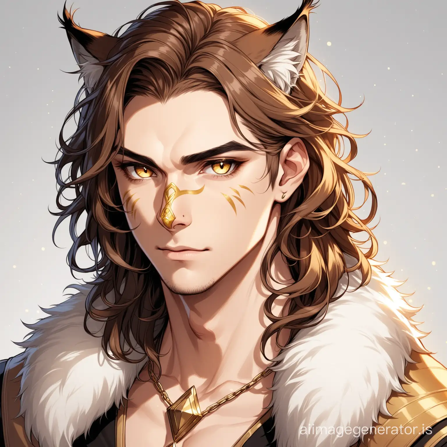 Lynx demihuman, man, beautiful, brown hair, curls, striking gold eyes, butten nose.