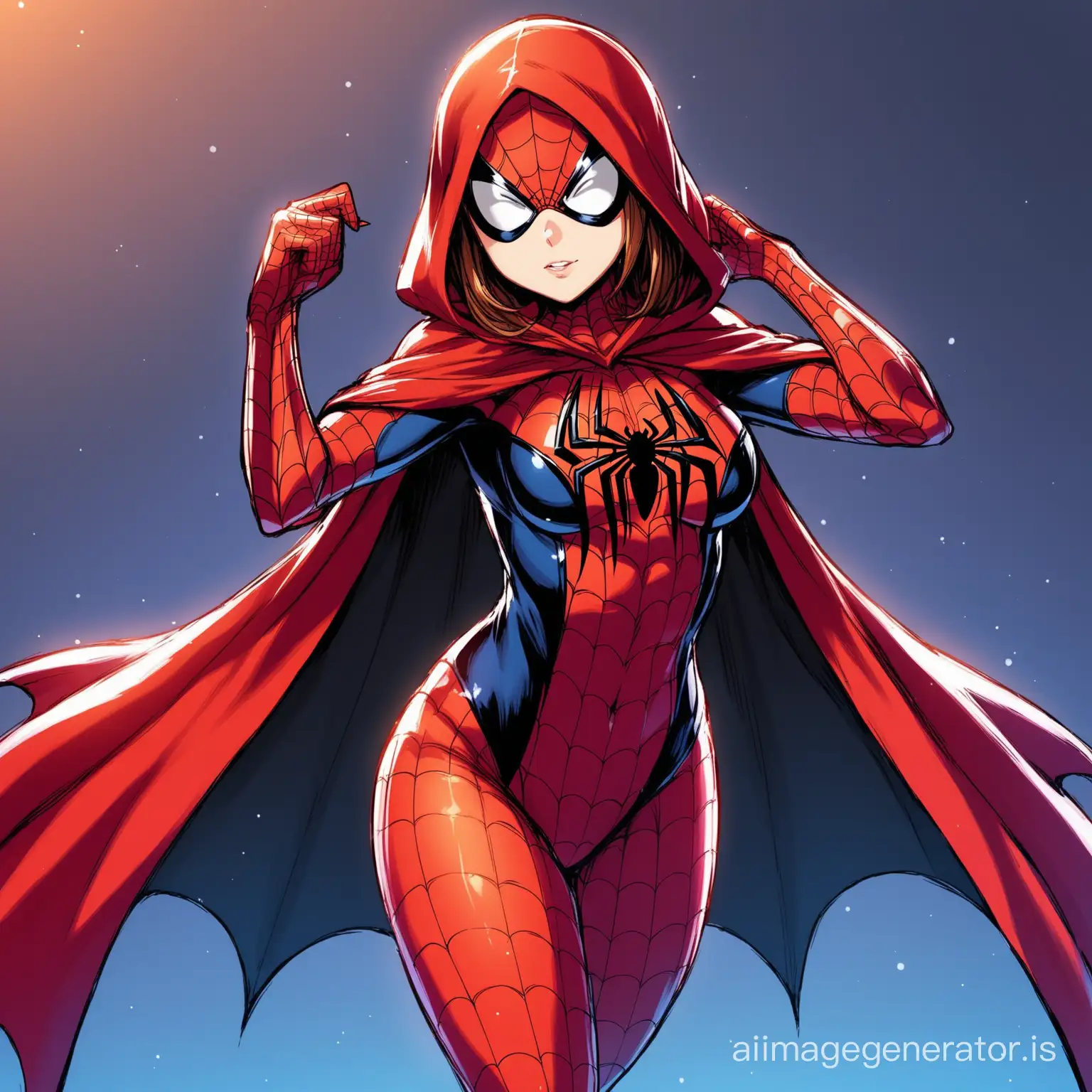 hot anime girl in spidergirl costume wearing a cape