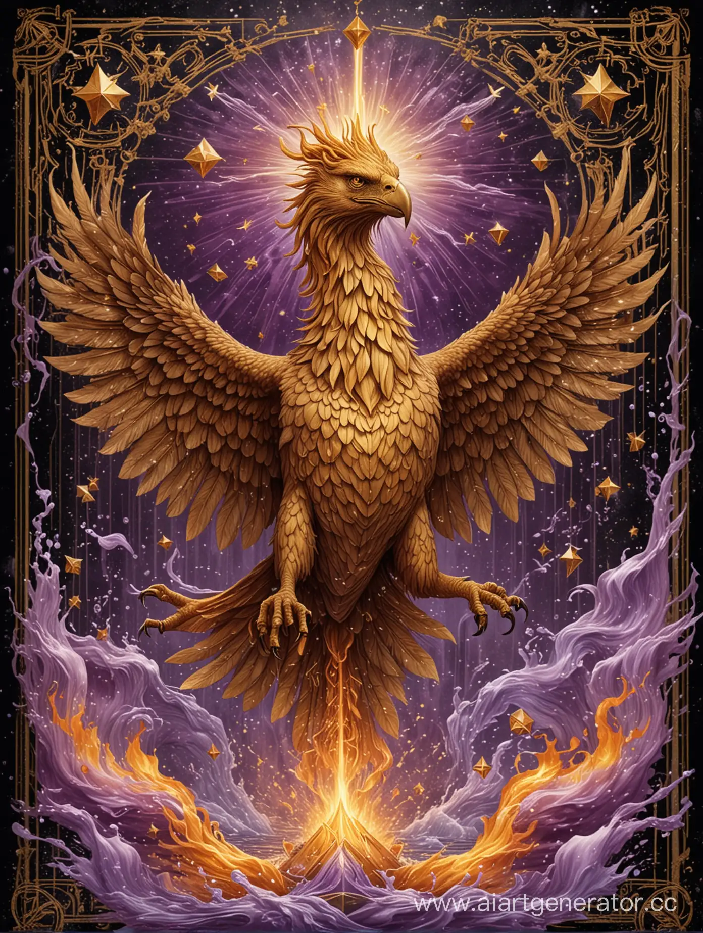 Futuristic-Tarot-Card-Shirt-Golden-Griffin-Birds-in-Elemental-Struggle