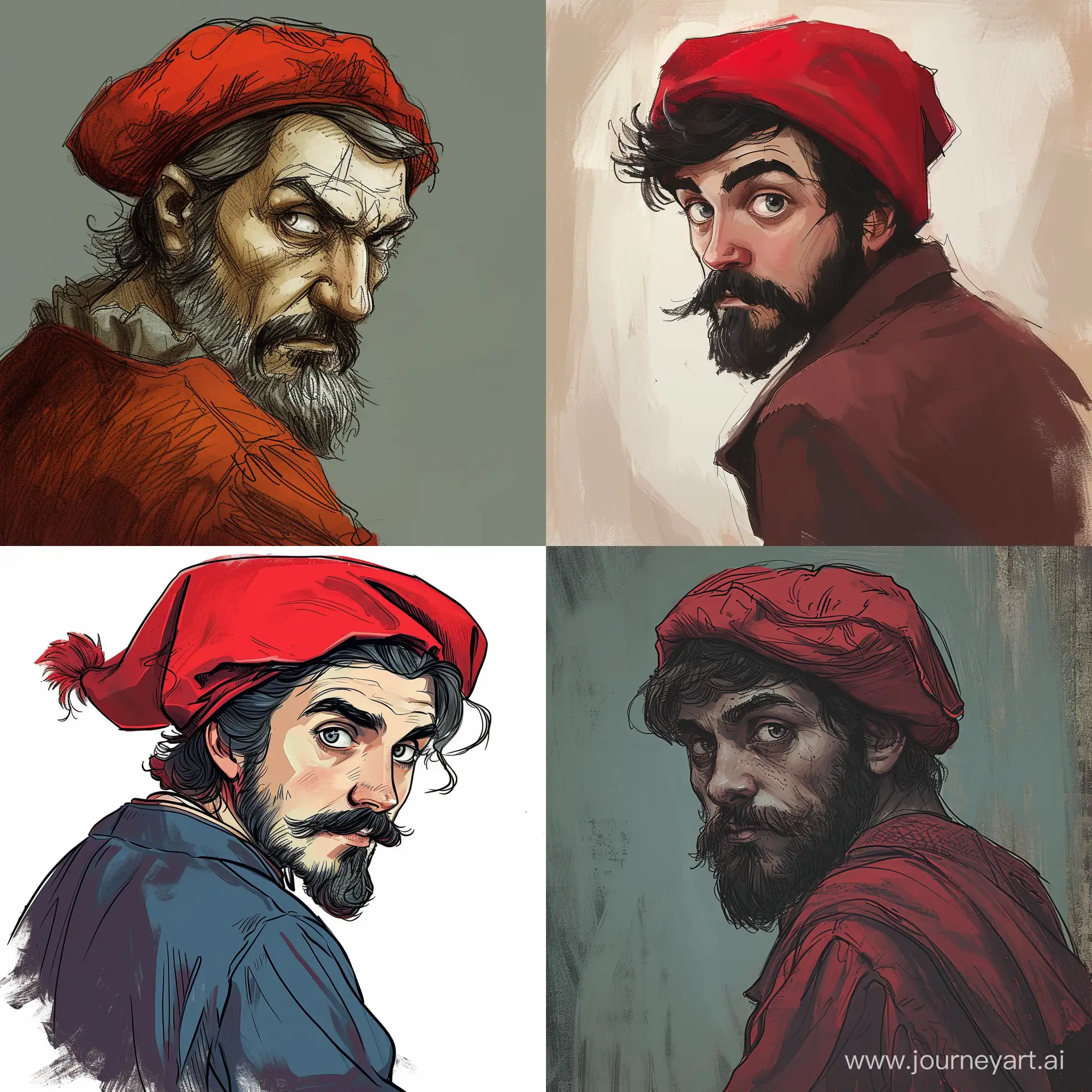 draw a picture of a guy with a beard and mustache, in a red hat, who looks back, he has gray eyes

