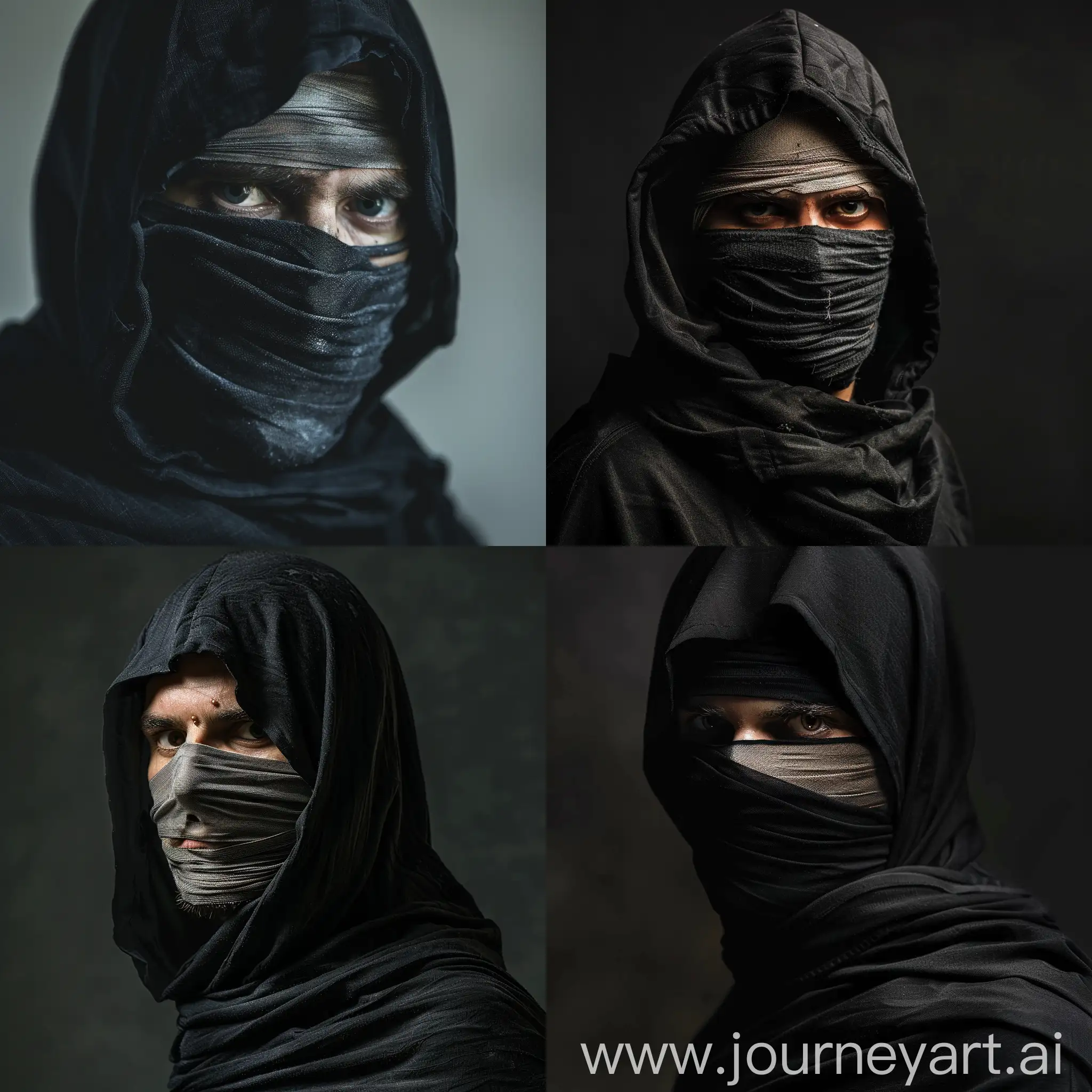 Man in black hood with full bandaged face