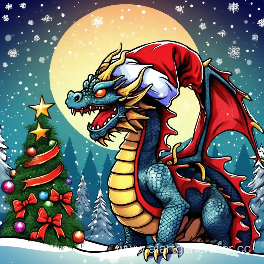 Festive-Dragon-Wearing-Santa-Claus-Hat-with-Christmas-Tree-Background