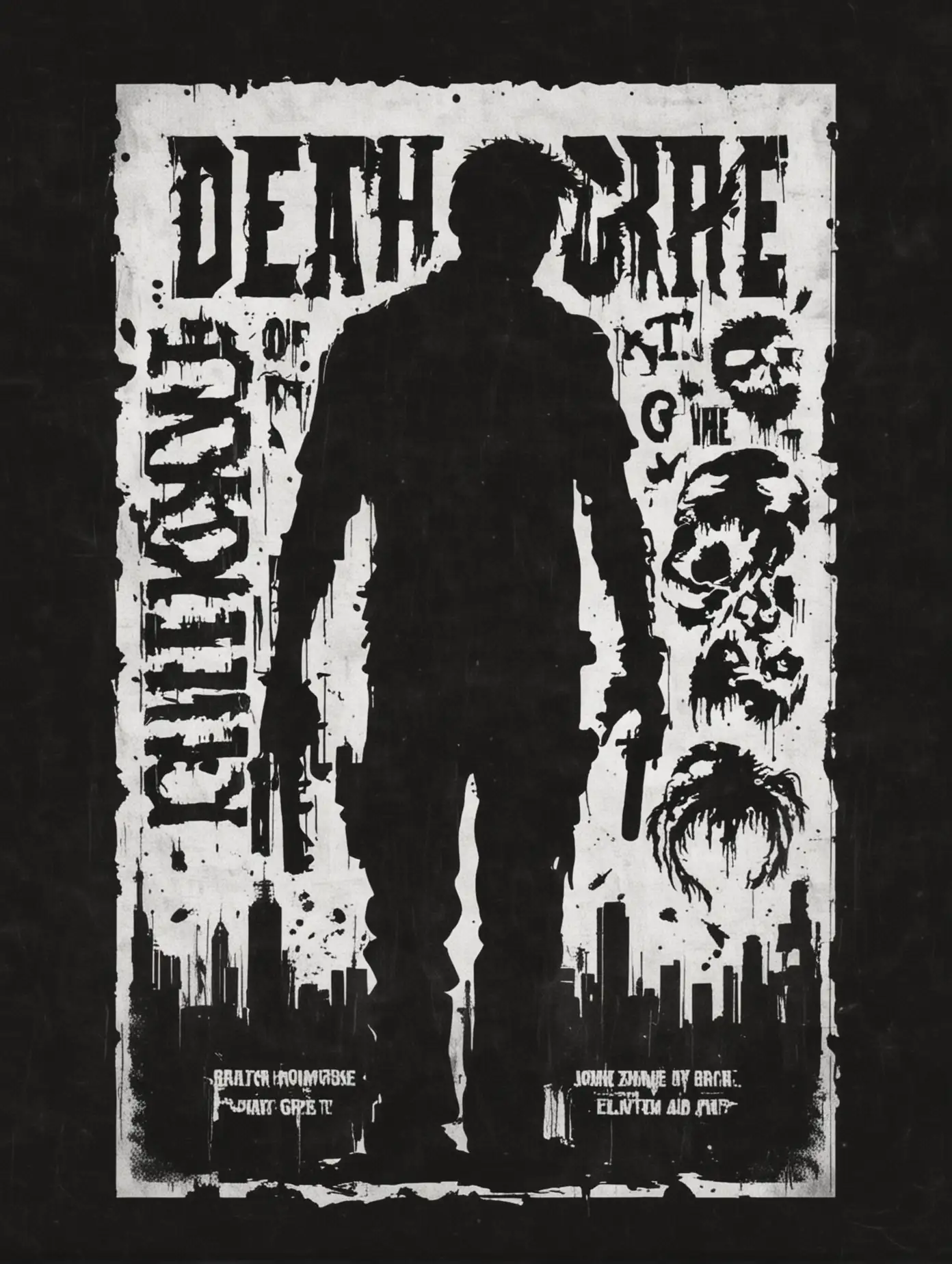 stencil, minimalist, simple, vector art, black and white, silhouette, negative space, grindhouse zombie movie poster, "Death Grip"