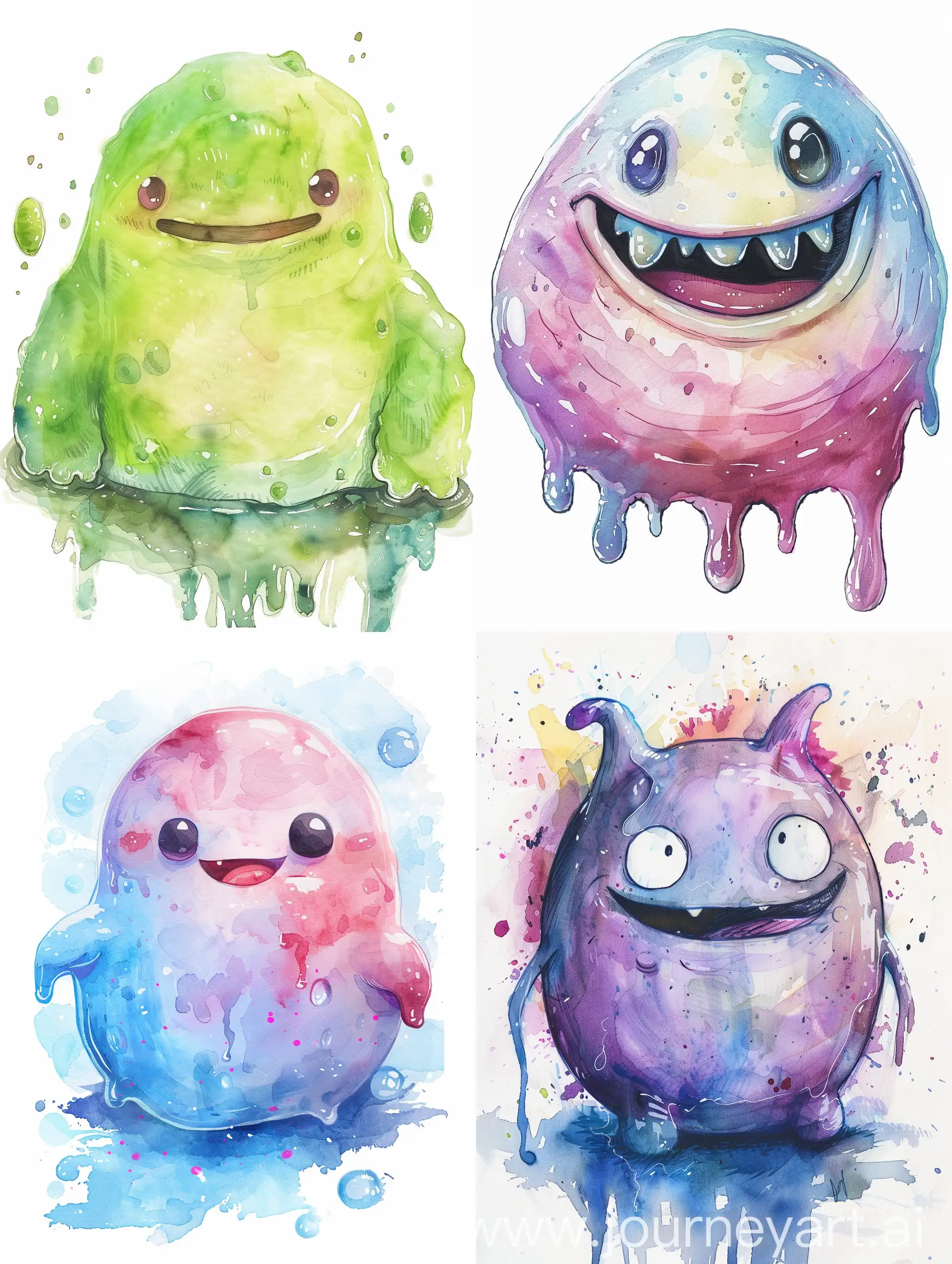 cute and friendly slime monster, watercolor anime style