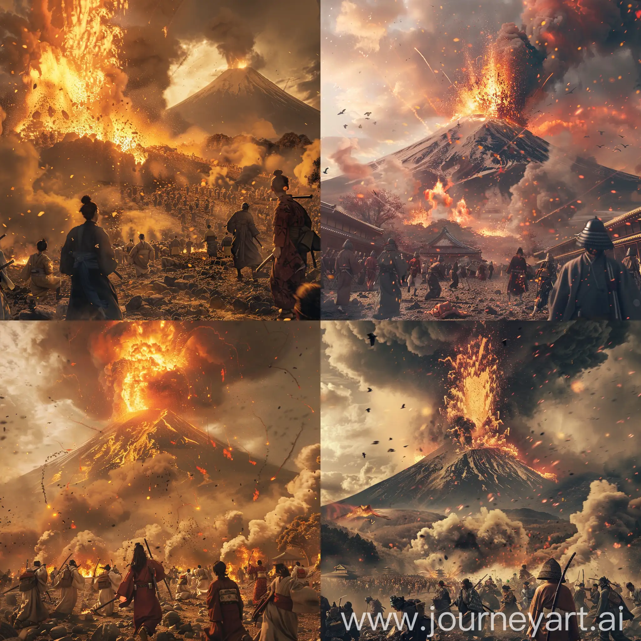 富士山爆发，火焰冲天，烟尘四漫，忍者，和服民众四散奔逃，8k,