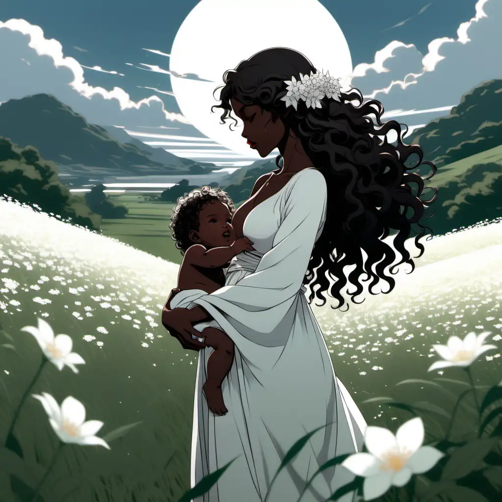 BACKGROUND CHARACTER] Anime Silhouette, Woman looking to the horizon while standing in a grassy field of pale white flowers far away looking down at a bundled baby in her arms, beautiful body, white grecian attire(ethereal long black wild curly hair, dark brown skin, red lips, grey eyes) extremely detailed, ultra-sharp focus, perfect meshes and textures, highly accurate reflections, face drawn by the masterful artist Paul Gauguin, thin and soft lines --ar 2:3 --niji 5]