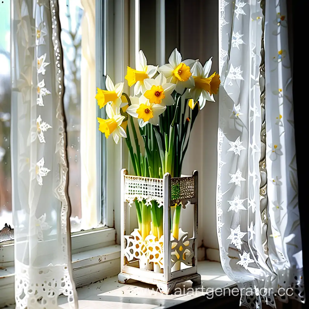 Весенний натюрморт нарциссы в прямоугольной вазе стоят на открытом окне крупно передний план красивая белая ажурная штора