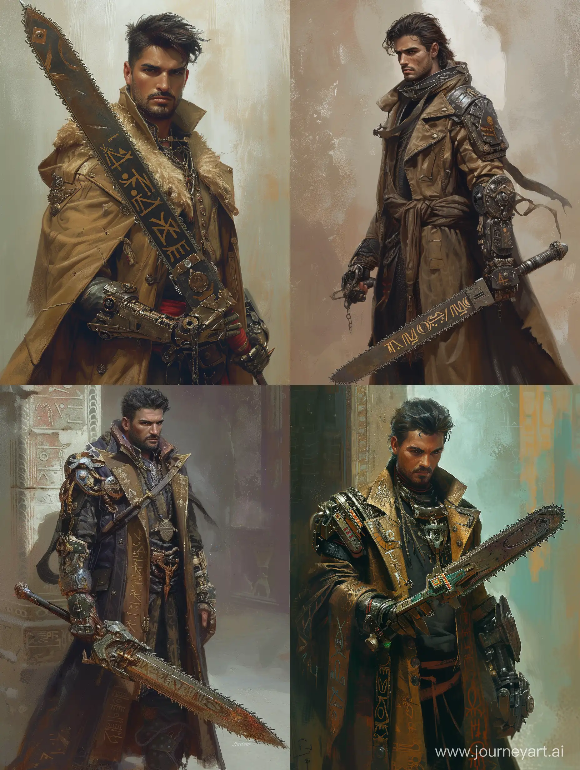 persian man[18 years old,handsome,beautiful,Long coat]with sword [chainsaw blades,cuneiform letters curving on it]and mechanical armglove[powerful,intricate],incredible detail,Steampunk,Realistic.