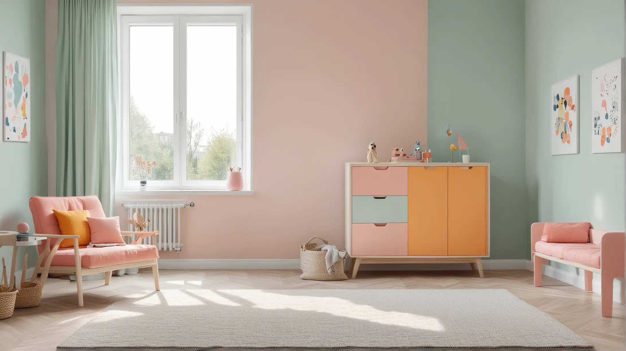 Moderner Innenraum eines Kinderzimmers mit Designermöbeln und Color Blocking in kräftigen, hellen und kontrastreichen Farbtönen, Minimalistisch, helle freudlichen Pastelltöne, Schrankoberflächen, spannende Perspektive mit Blick nach draußen 