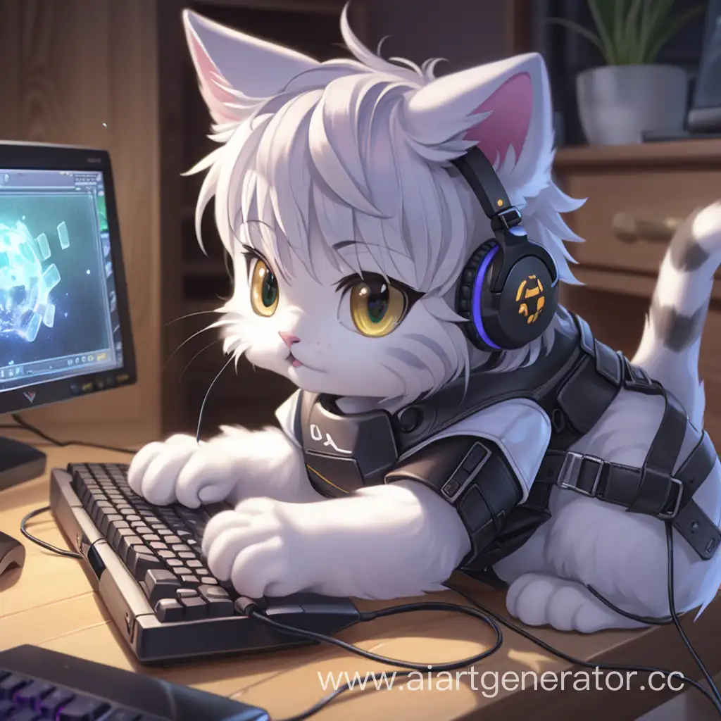 Adorable-Anime-Kitten-Engaged-in-Playful-Computer-Gaming