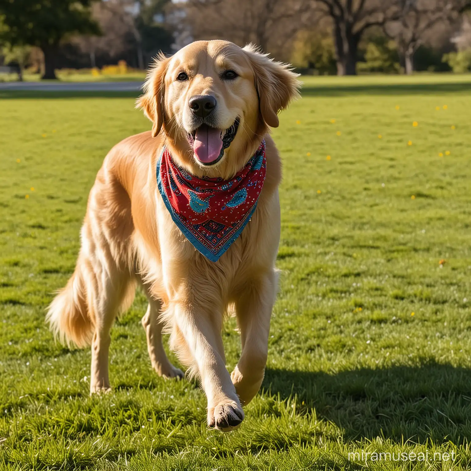 A golden retriever wearing a bandana around its neck, playing fetch with a brightly colored frisbee in a sunlit, grassy park.