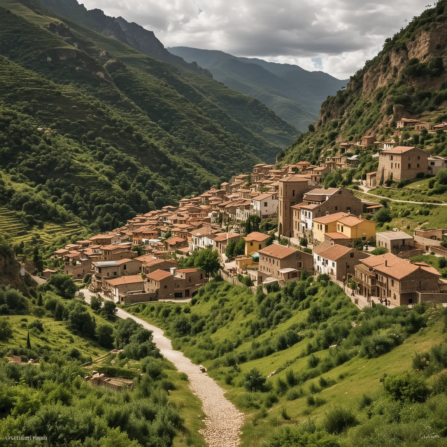 Crea una imagen a partir de esta historia: Había una vez un pequeño pueblo rodeado de montañas y valles verdes, llamado Vallequieto. En este lugar, la gente vivía mucho tiempo, a menudo superando los cien años, gracias a sus costumbres y forma de vida. Entre ellos, vivía un anciano sabio llamado Don Eduardo, quien a sus 95 años, gozaba de una memoria envidiable.