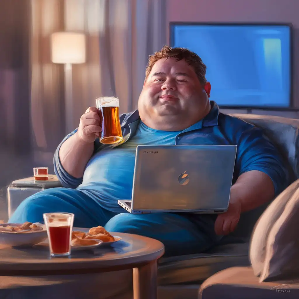 толсты пьющий пиво мужик сидящий на диване за ноутбуком